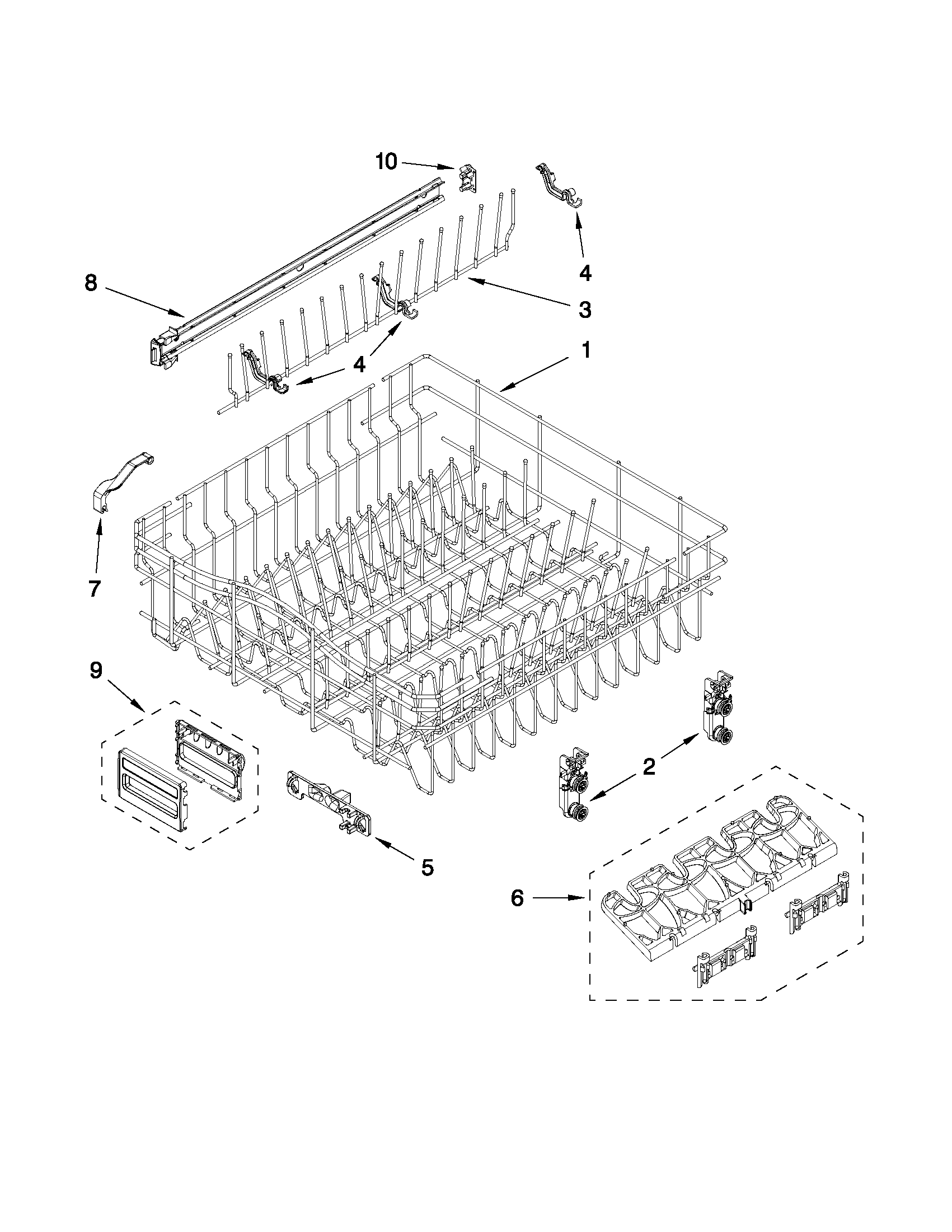 KitchenAid KUDL15FXWH4 upper rack and track parts diagram