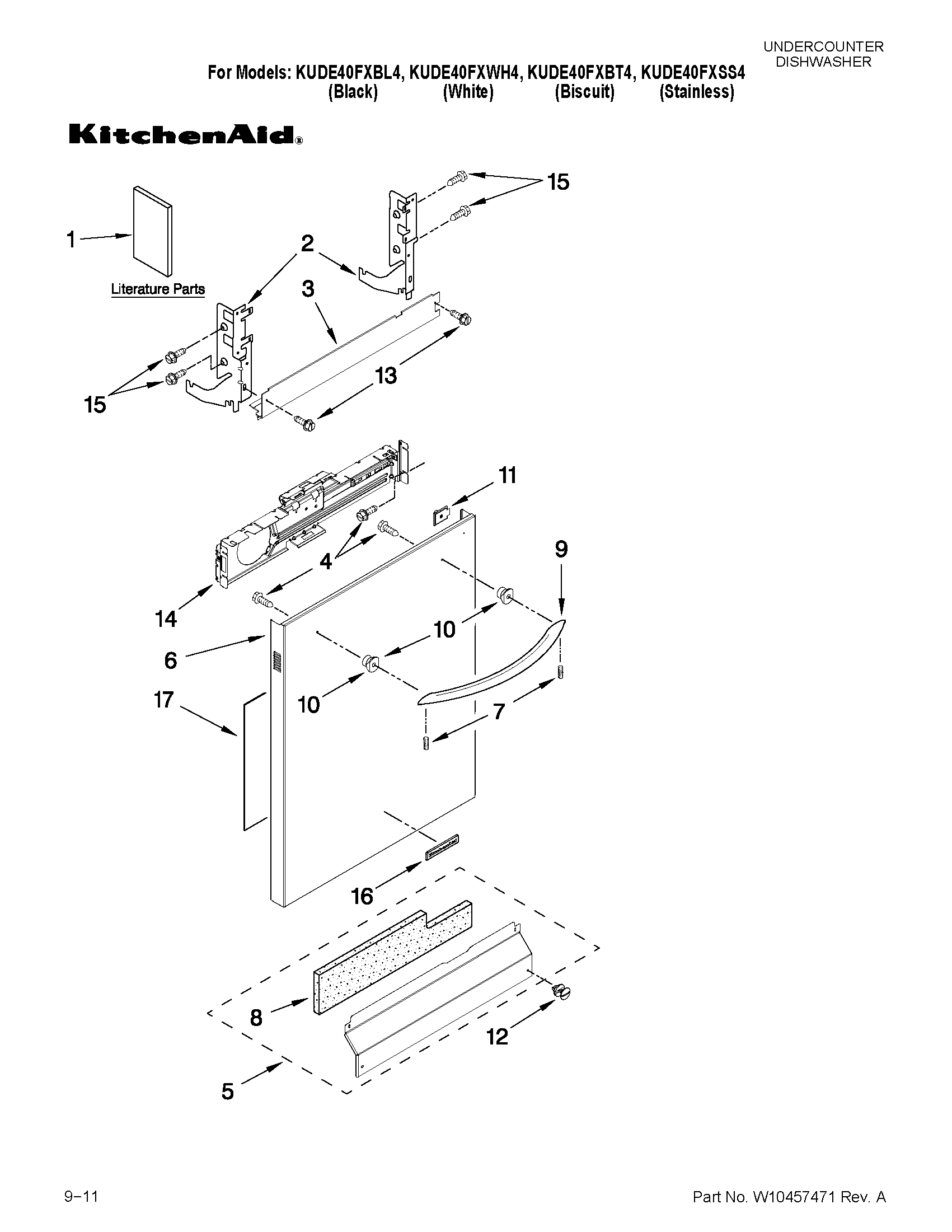 KitchenAid KUDE40FXSS4 door and panel parts diagram