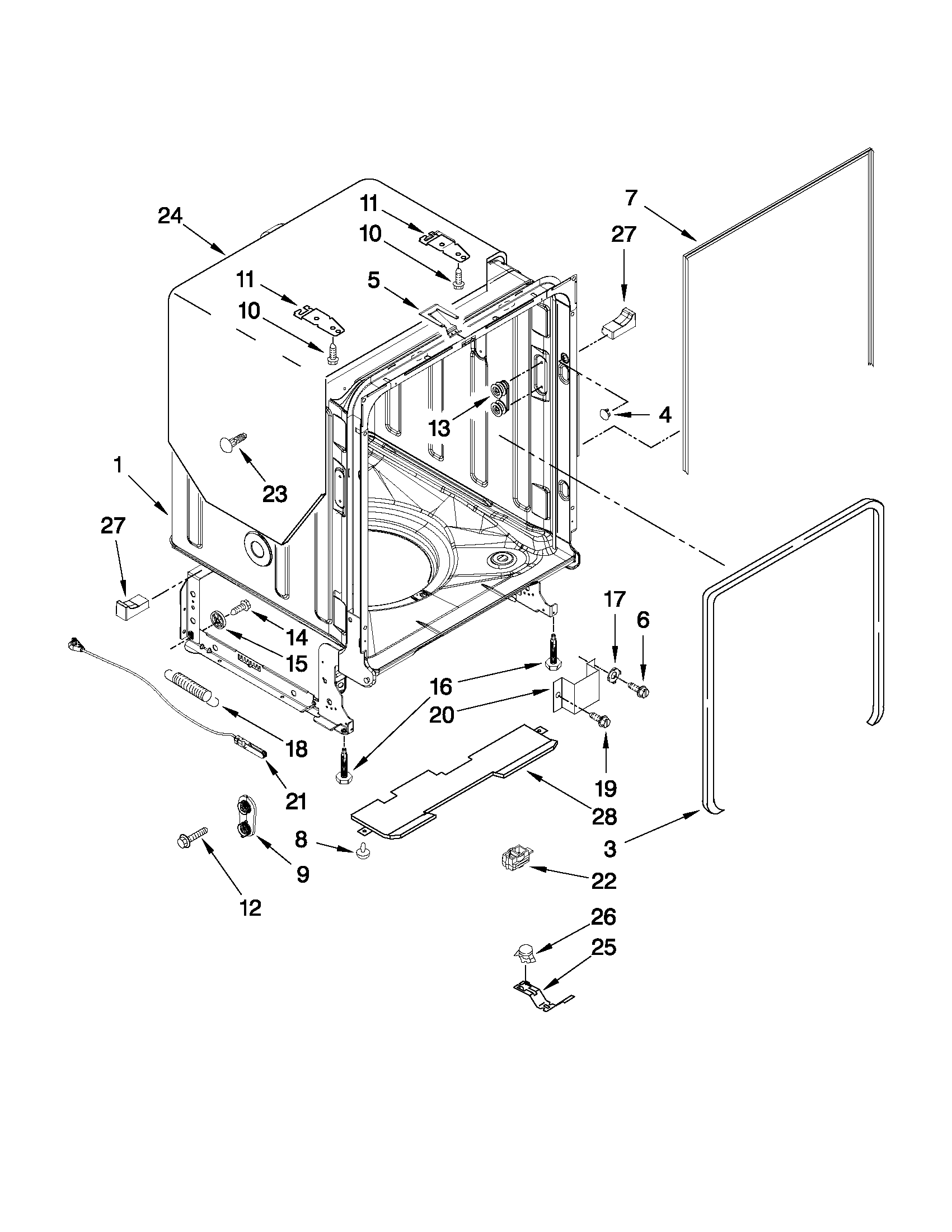 KitchenAid KUDE40FXSS4 tub and frame parts diagram