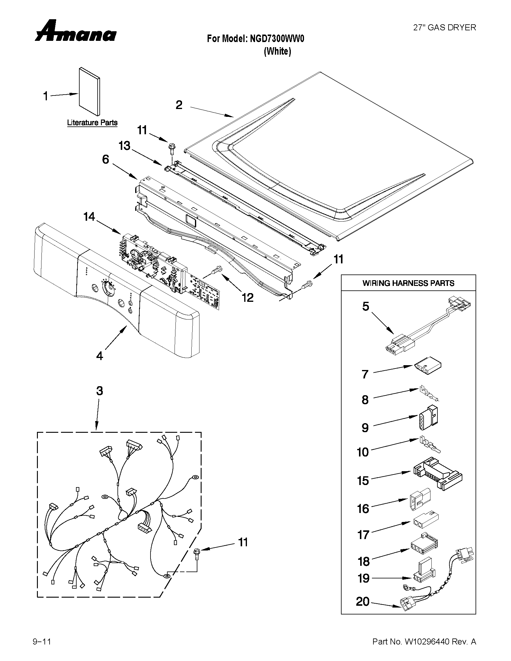 Amana NGD7300WW0 top and console parts diagram
