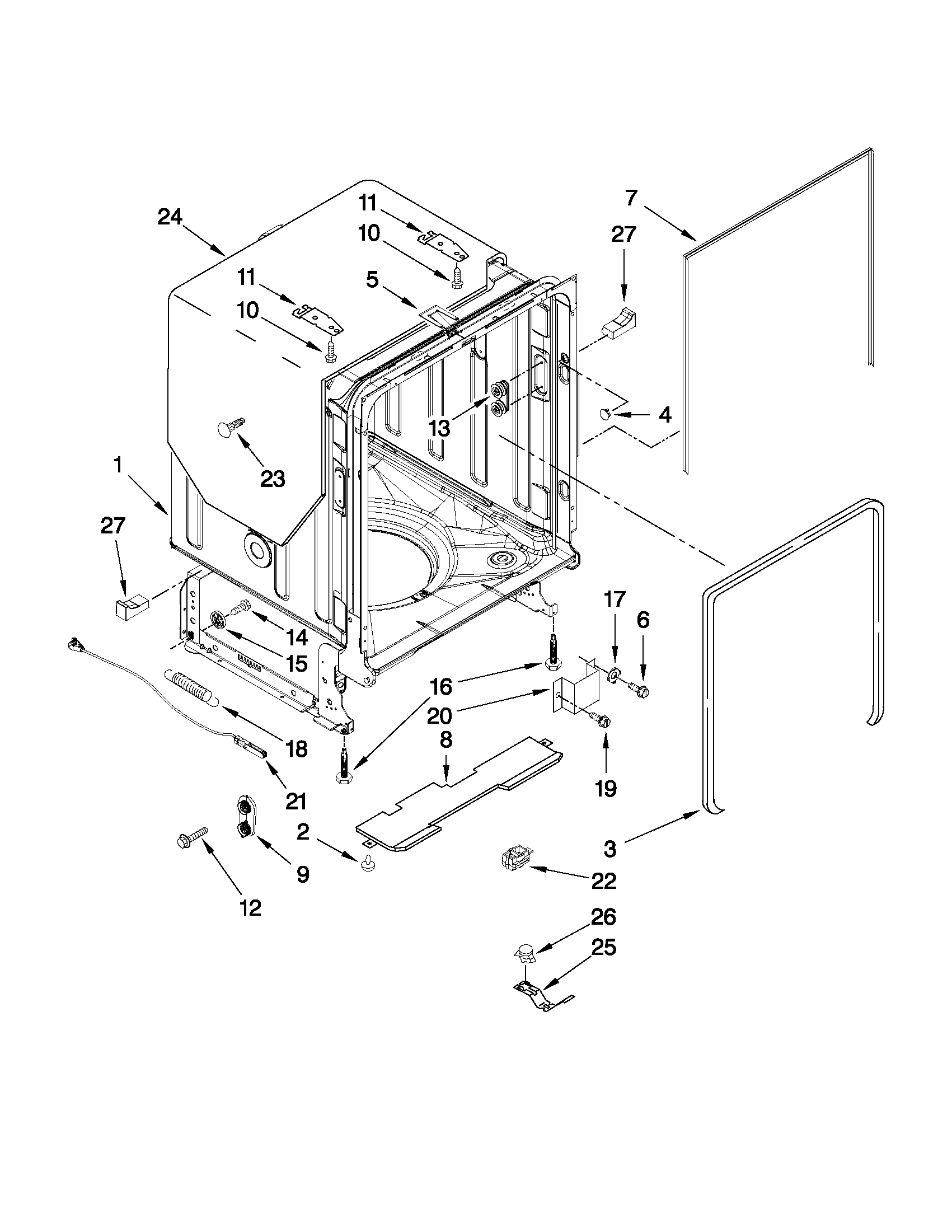 KitchenAid KUDE20FXWH4 tub and frame parts diagram