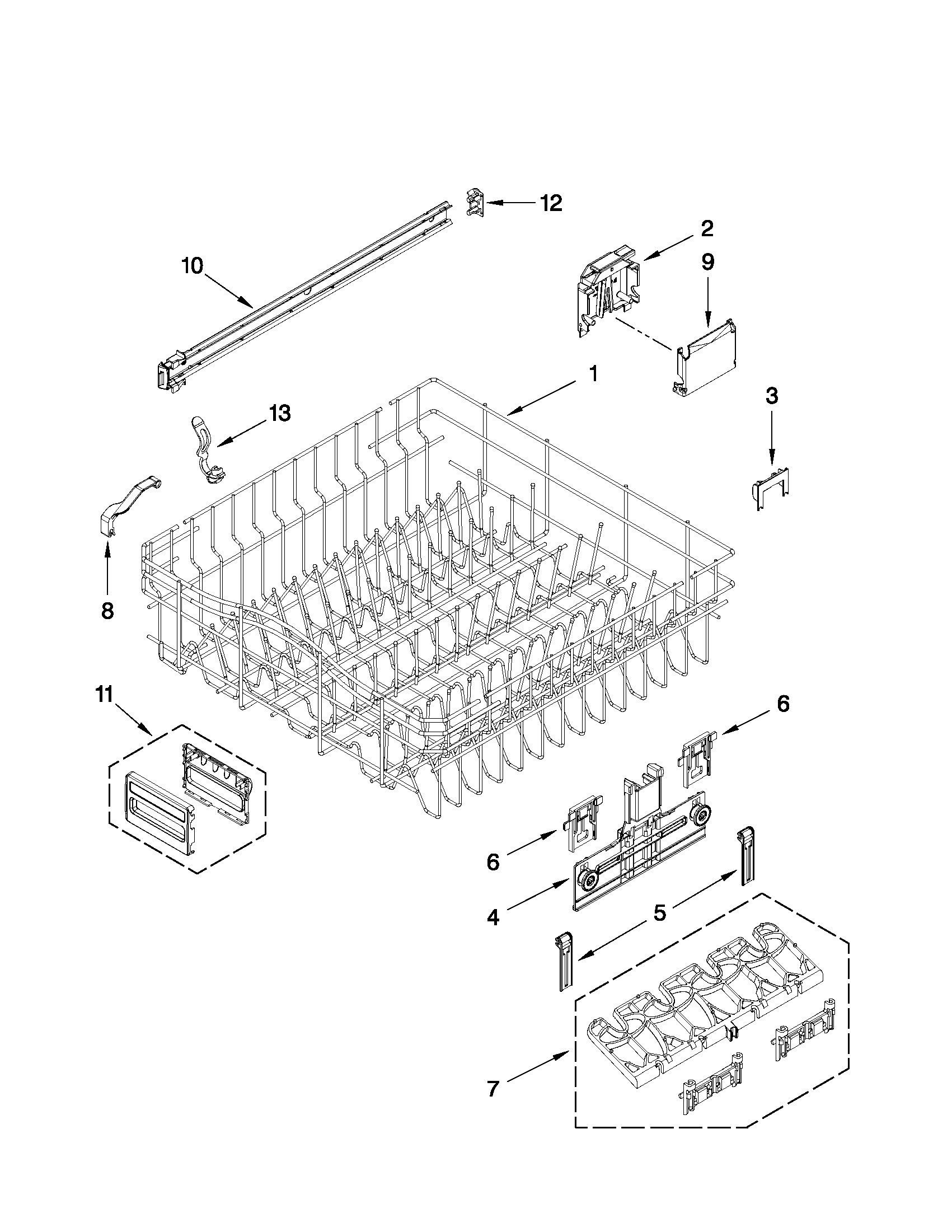 KitchenAid KUDE20FXWH4 upper rack and track parts diagram