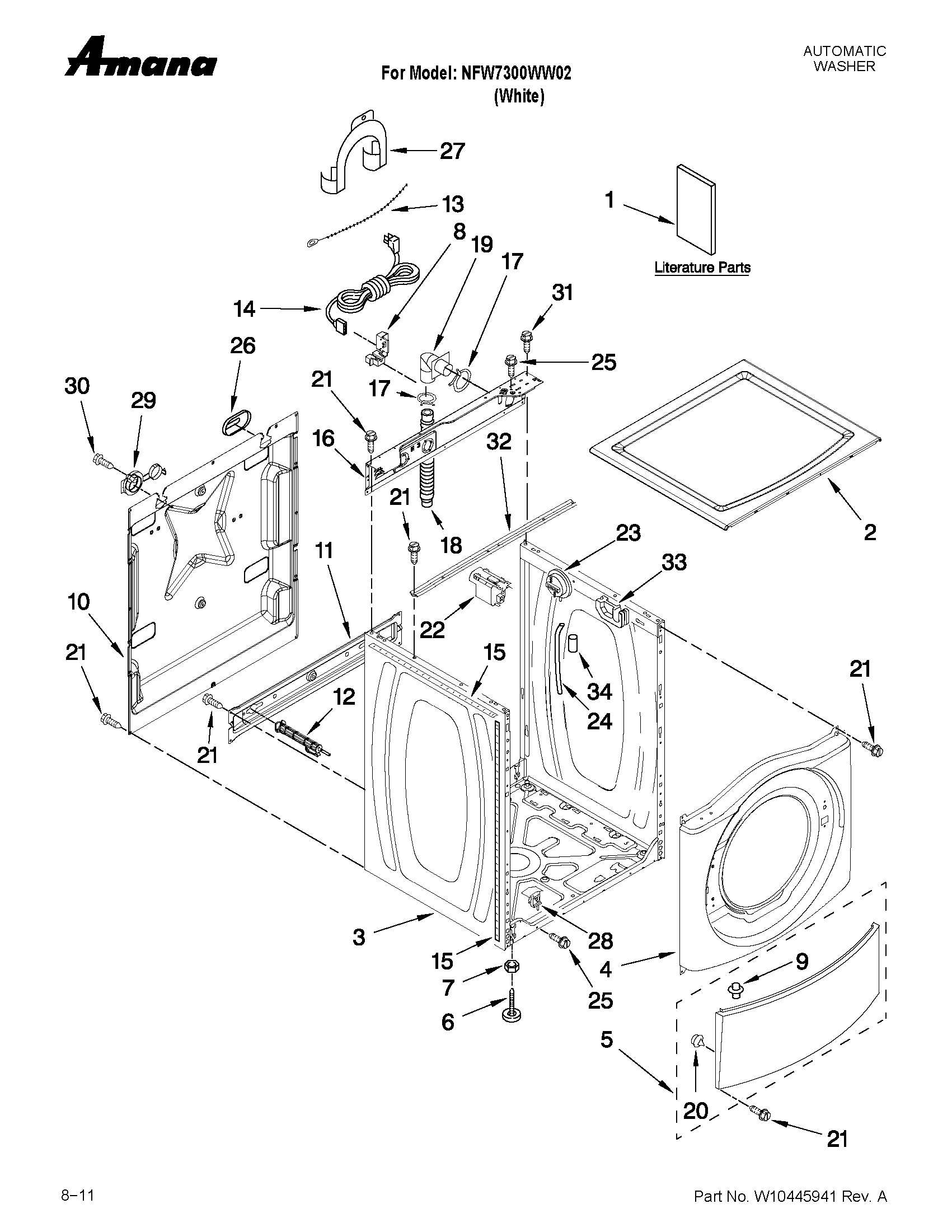 Amana NFW7300WW02 top and cabinet parts diagram