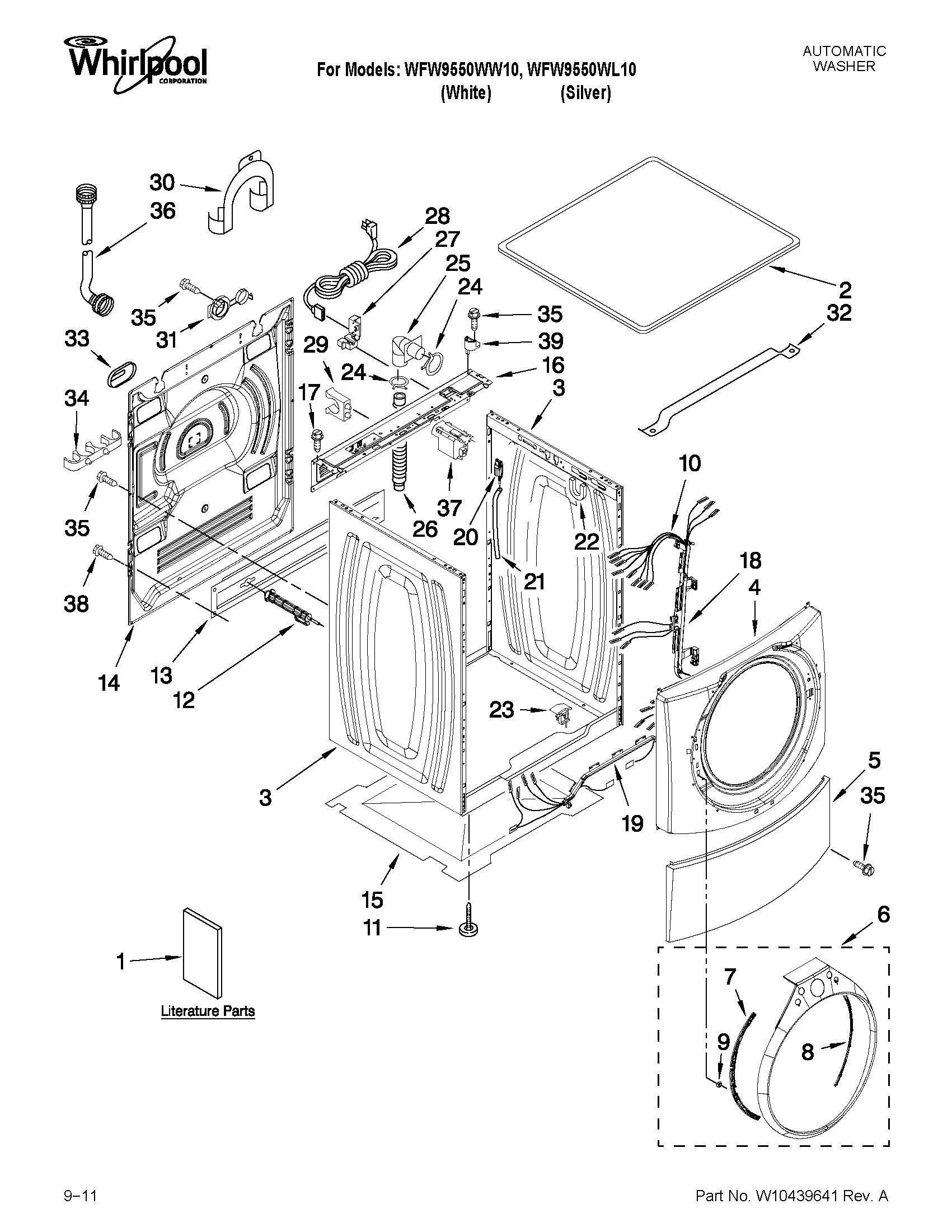 Whirlpool WFW9550WL10 top and cabinet parts diagram
