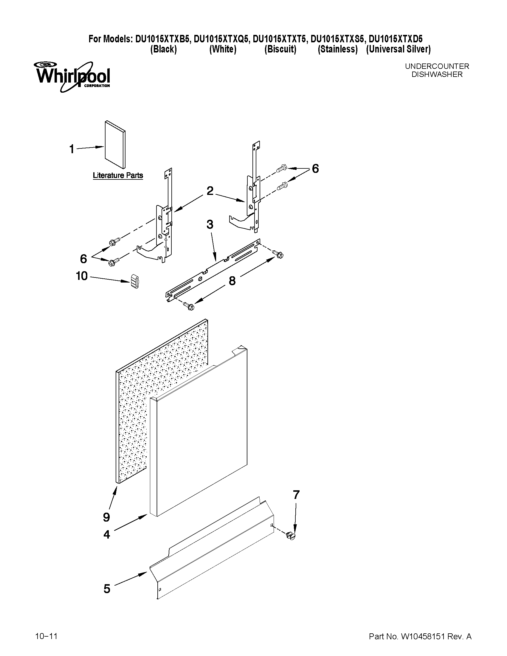 Whirlpool DU1015XTXB5 door and panel parts diagram