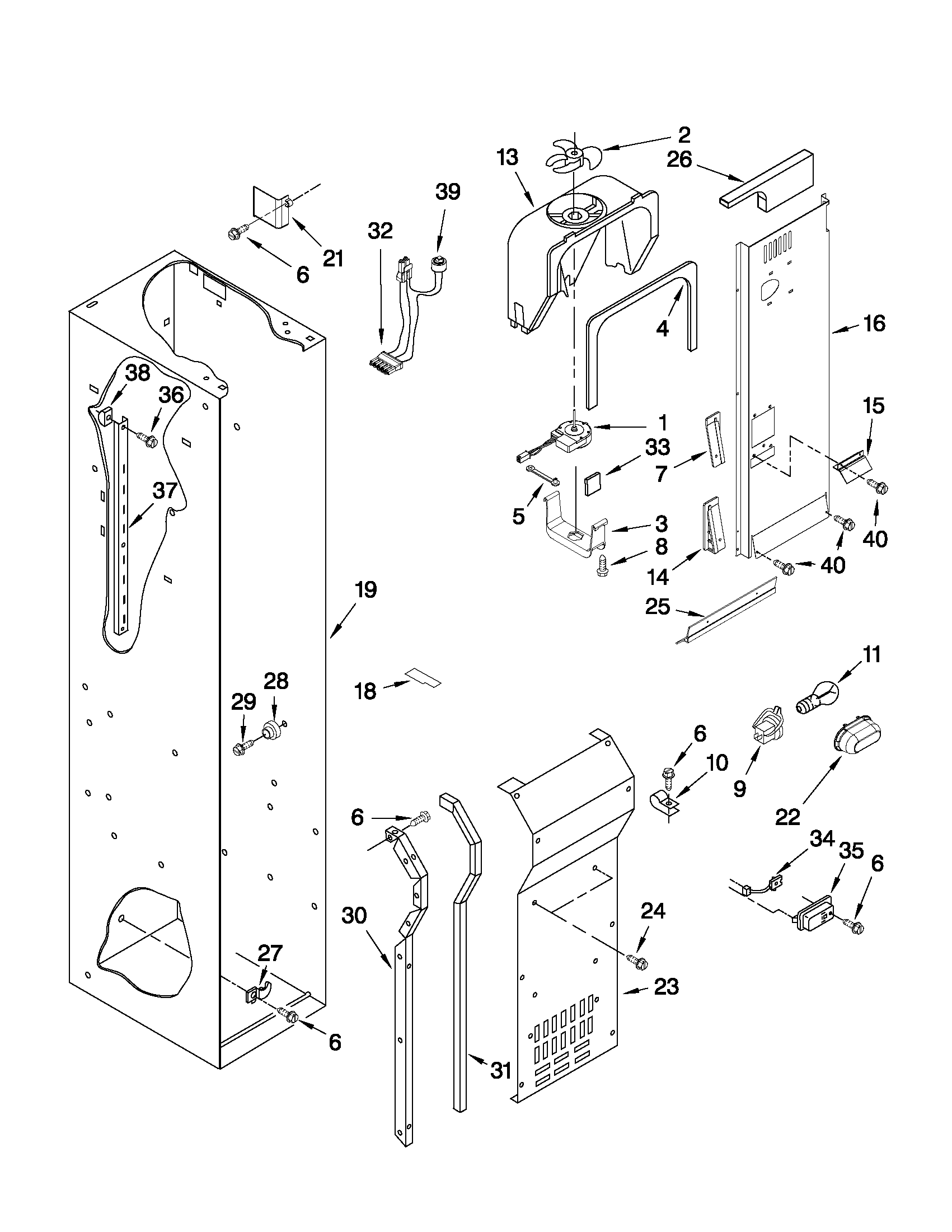 KitchenAid KSSS36FTX04 freezer liner and air flow parts diagram