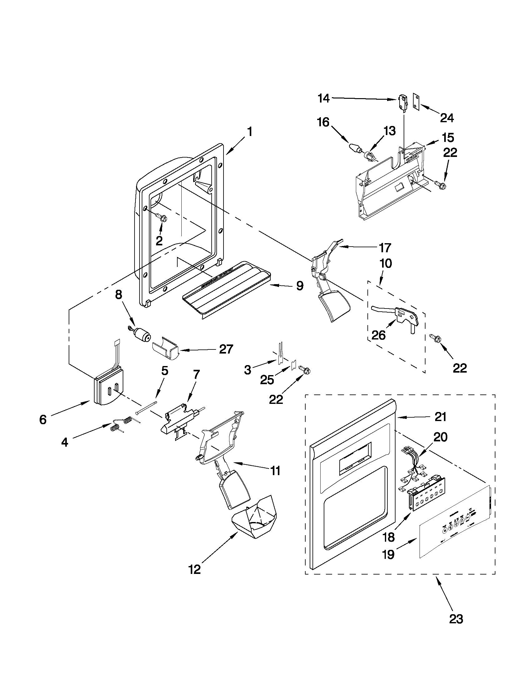 Whirlpool WSR25D2RYB00 dispenser front parts diagram