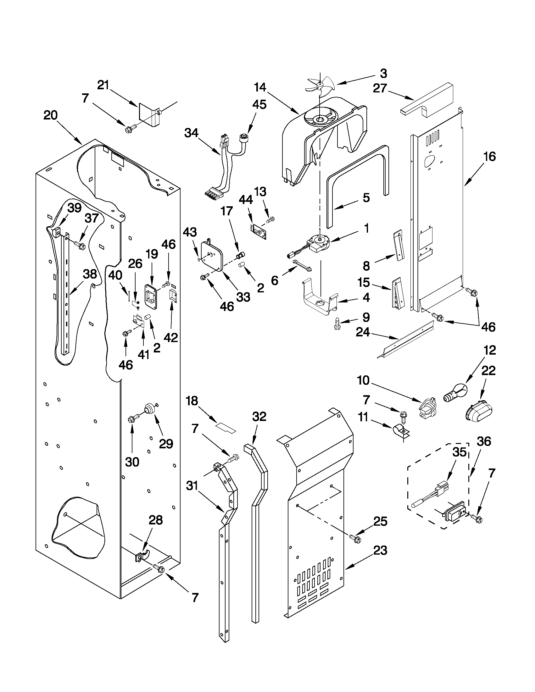 KitchenAid KSSO36QTX04 freezer liner and air flow parts diagram