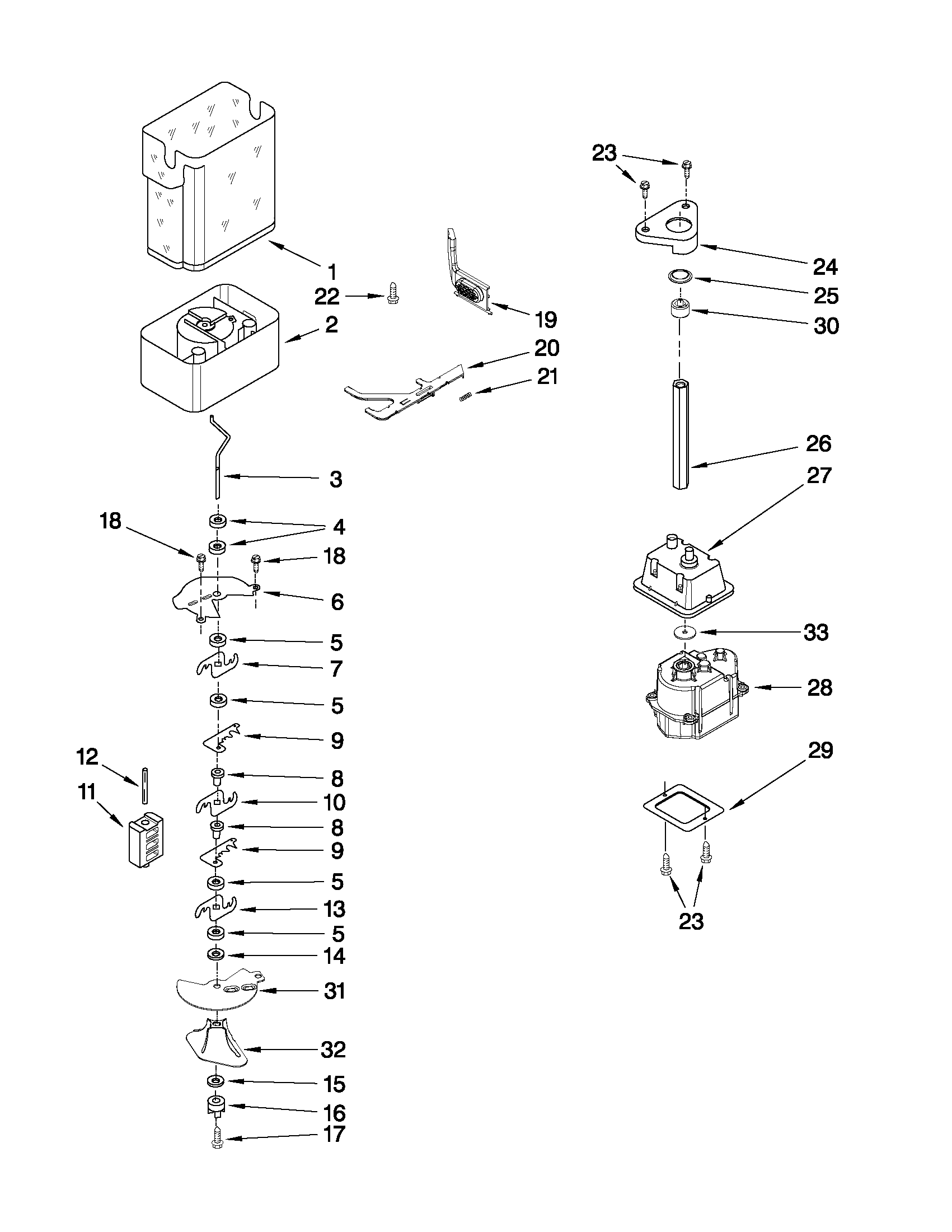 KitchenAid KSSO36QTX04 motor and ice container parts diagram