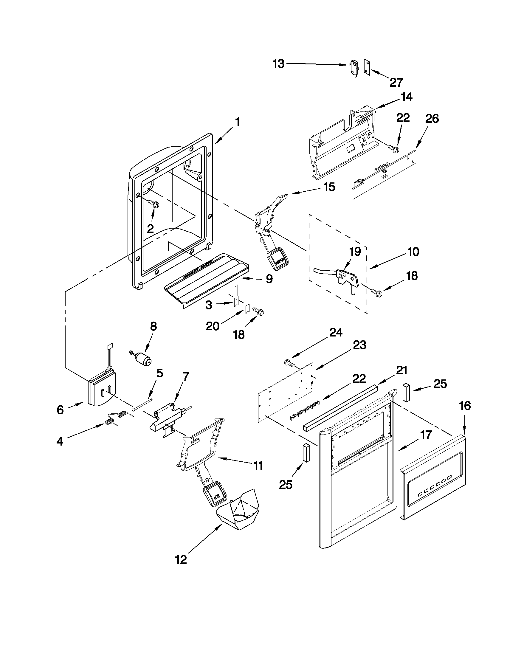 KitchenAid KSRG25FVMS04 dispenser front parts diagram