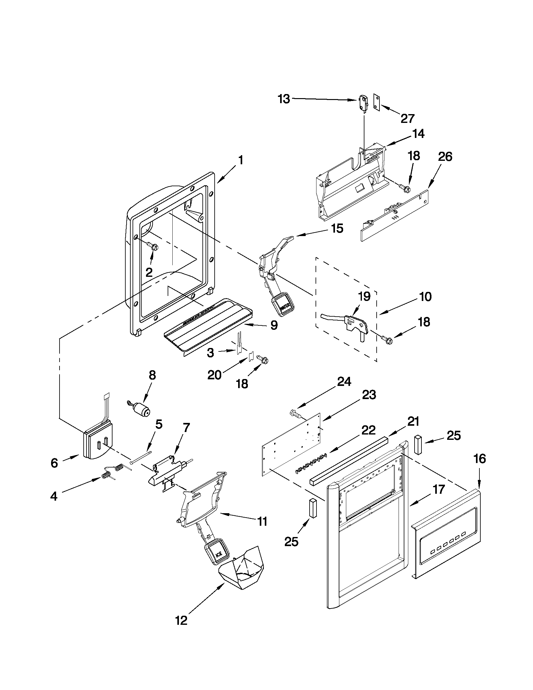 KitchenAid KSRG25FVMS05 dispenser front parts diagram