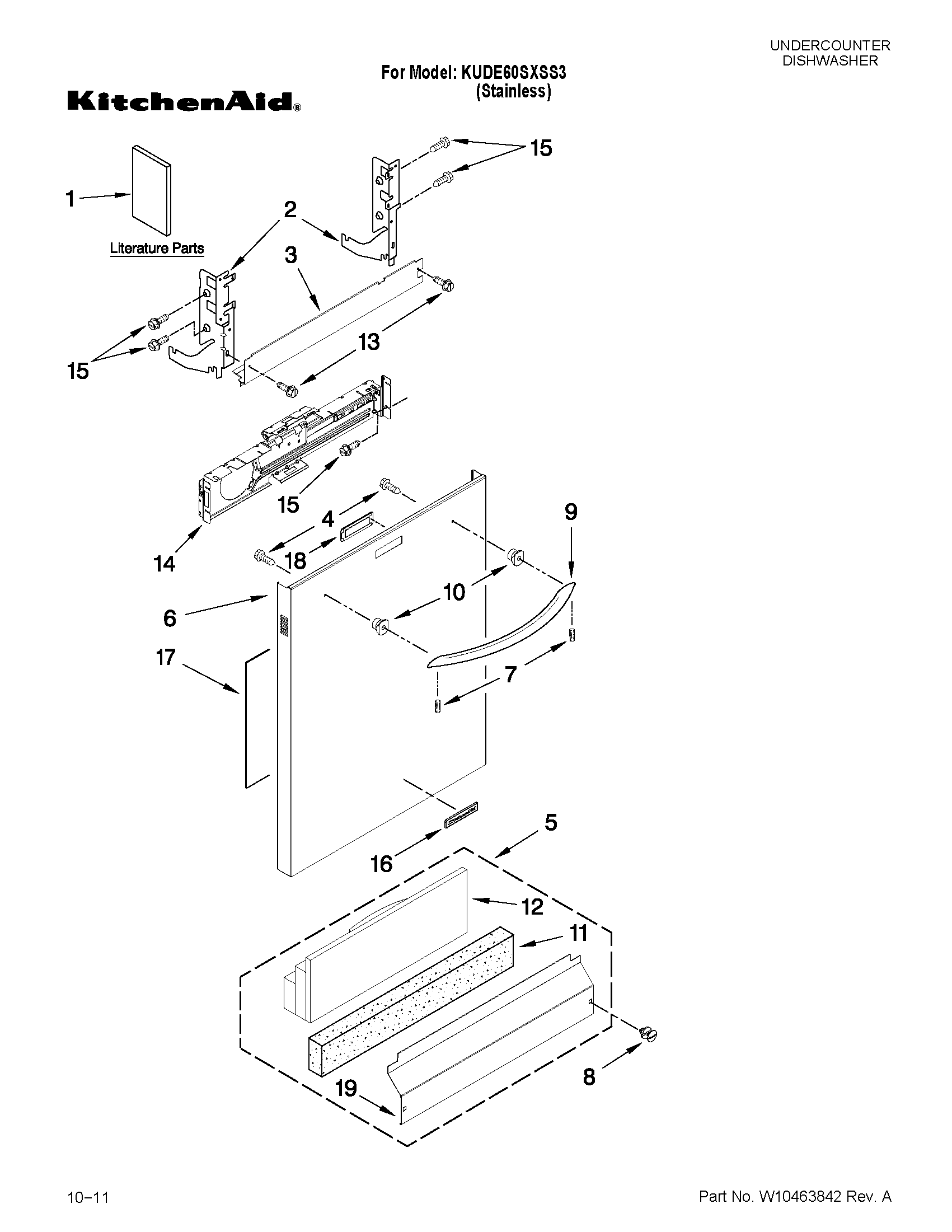 KitchenAid KUDE60SXSS3 door and panel parts diagram