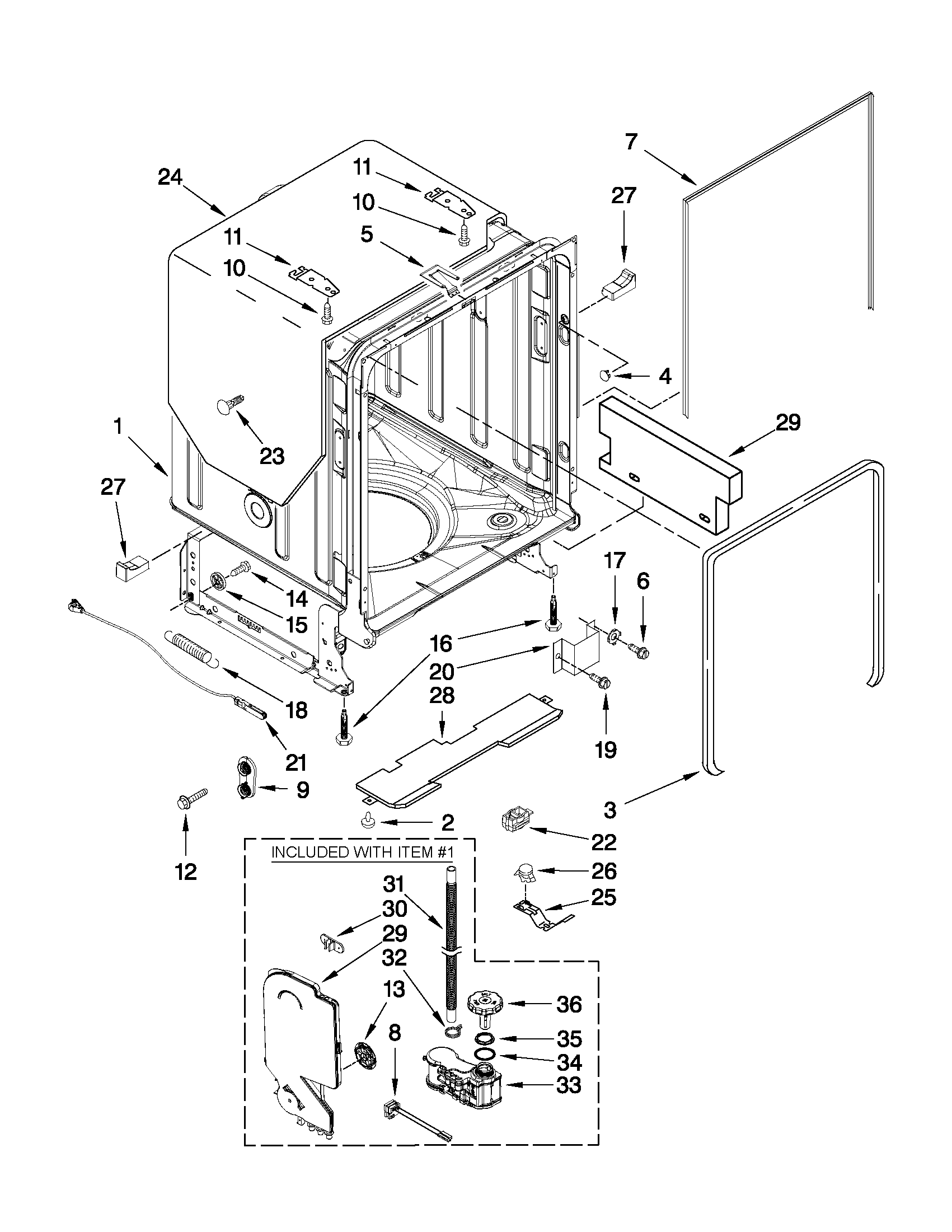 KitchenAid KUDE60SXSS3 tub and frame parts diagram