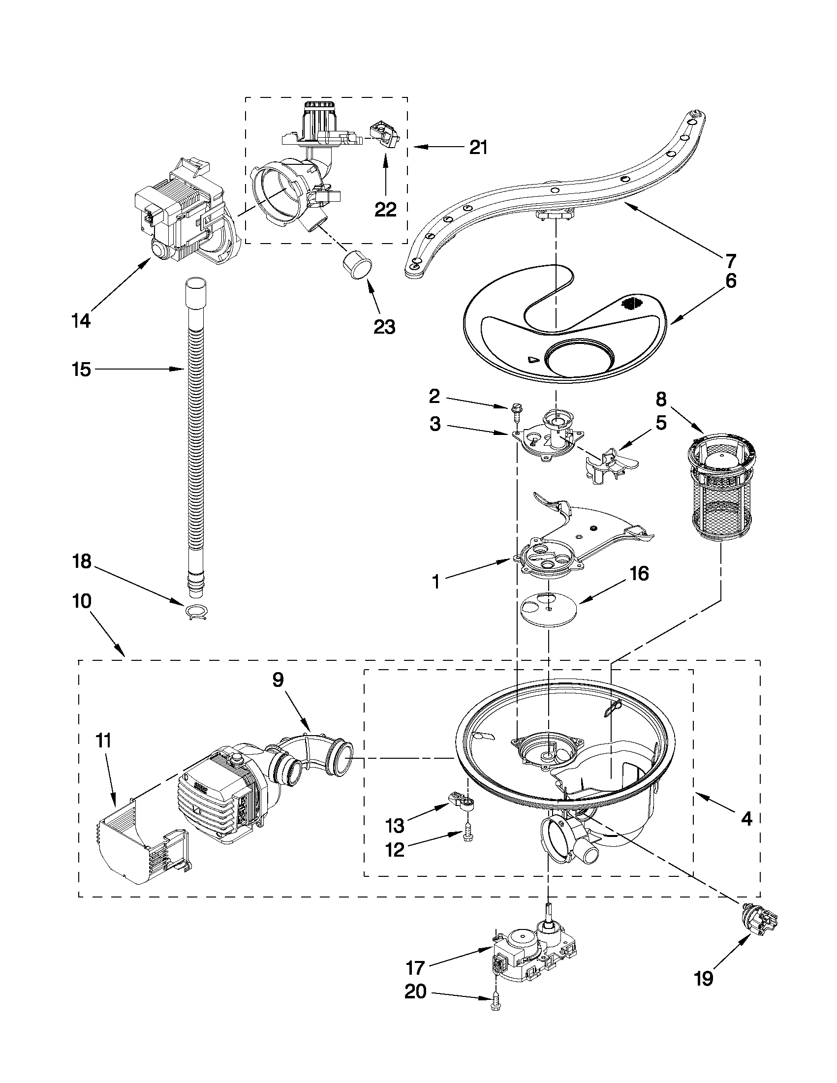 KitchenAid KUDE60SXSS3 pump, washarm and motor parts diagram