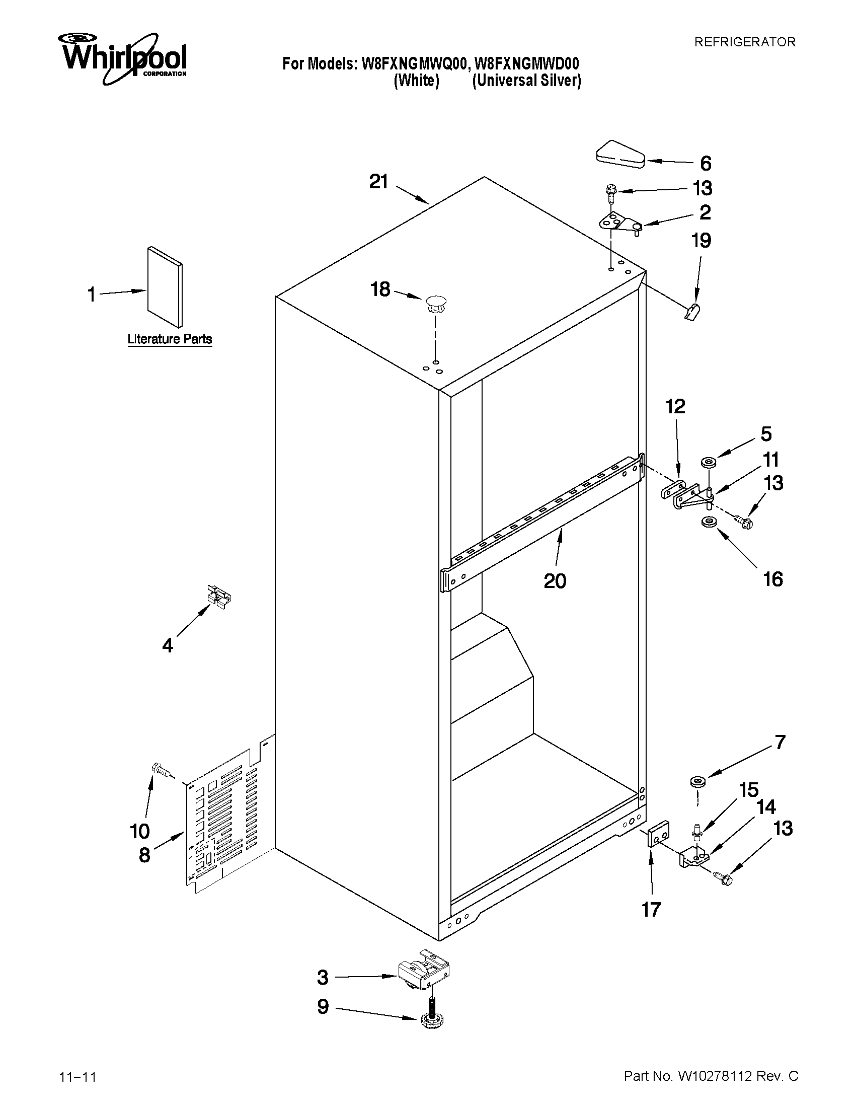 Whirlpool W8FXNGMWQ00 cabinet parts diagram