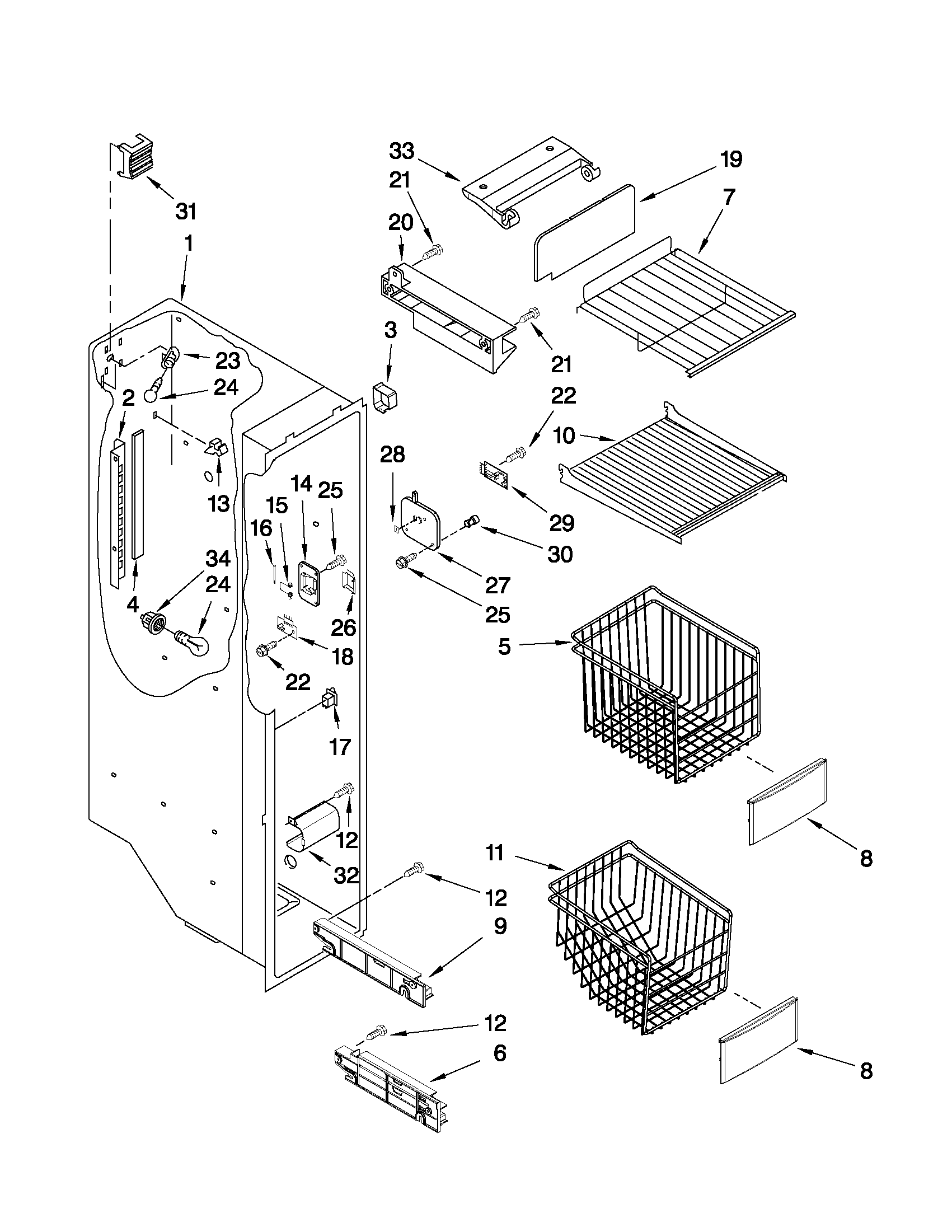 KitchenAid KSRJ25FXMS04 freezer liner parts diagram