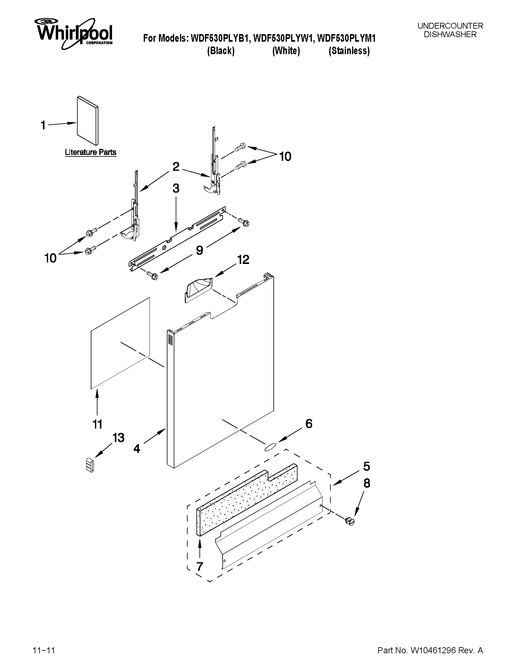Whirlpool WDF530PLYW1 door and panel parts diagram
