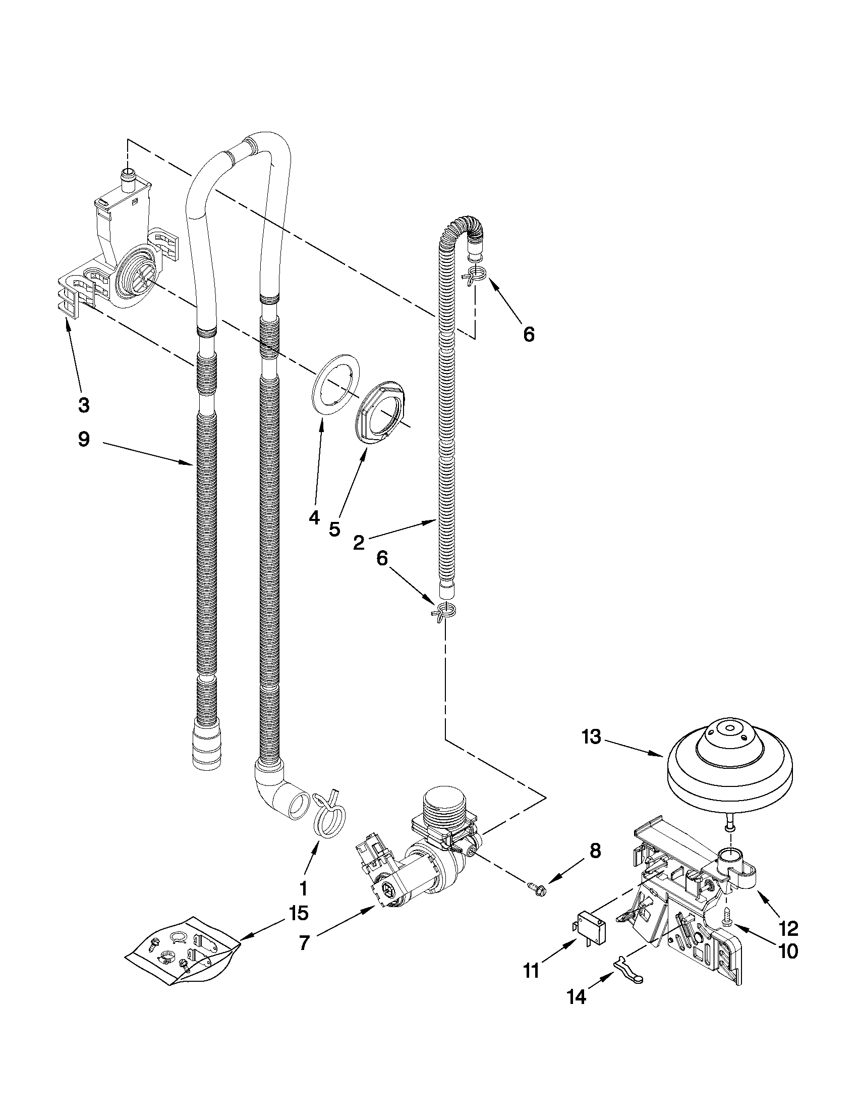 Whirlpool WDF530PLYW1 fill, drain and overfill parts diagram