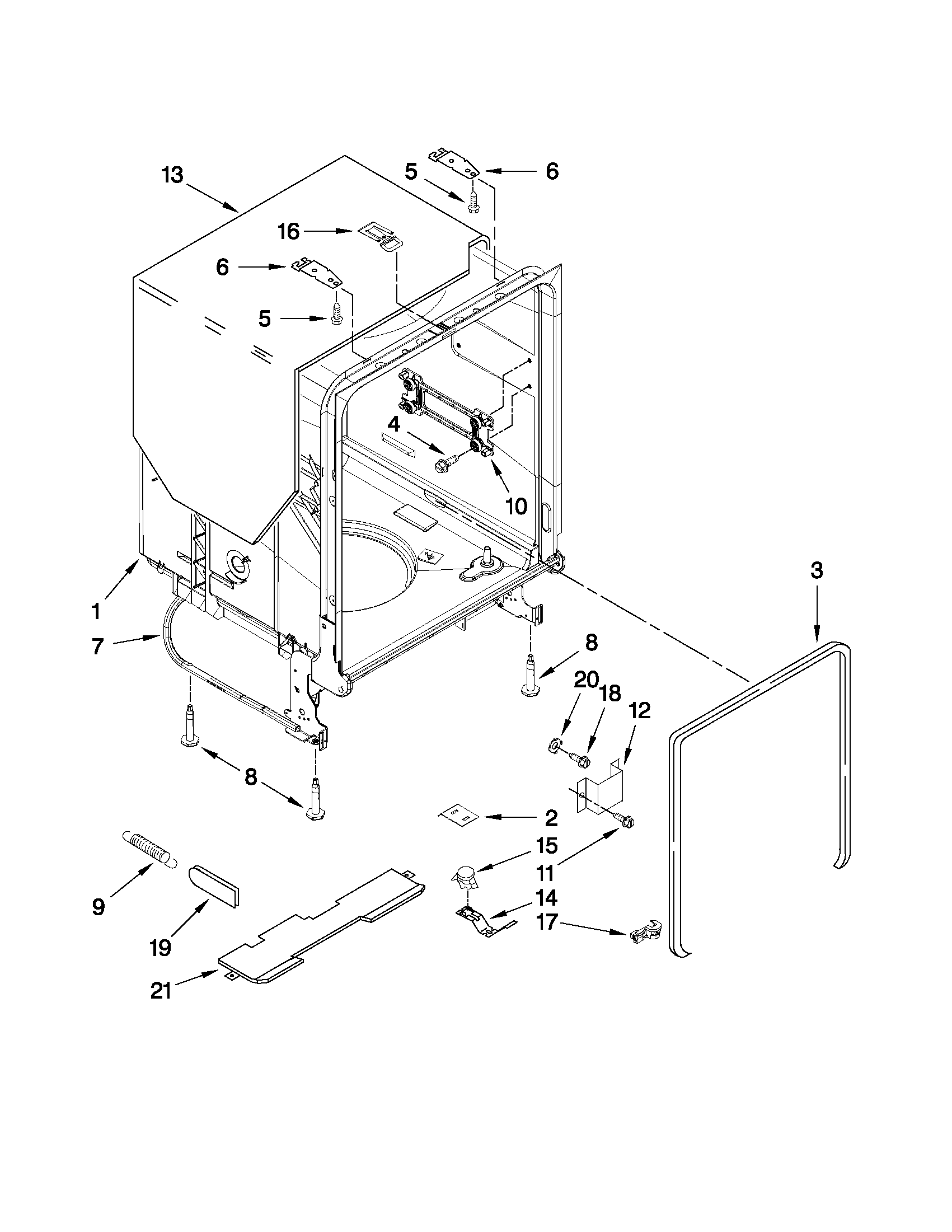 Whirlpool WDF530PLYW1 tub and frame parts diagram