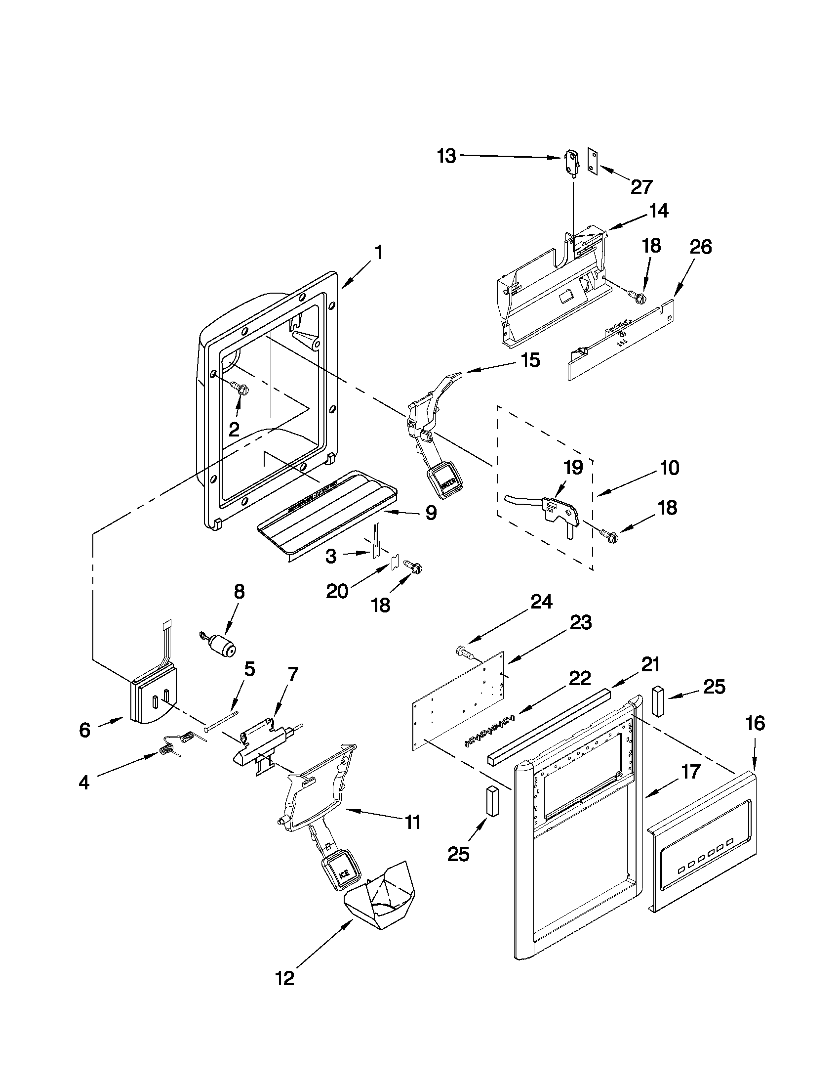 KitchenAid KSRG25FVMS06 dispenser front parts diagram