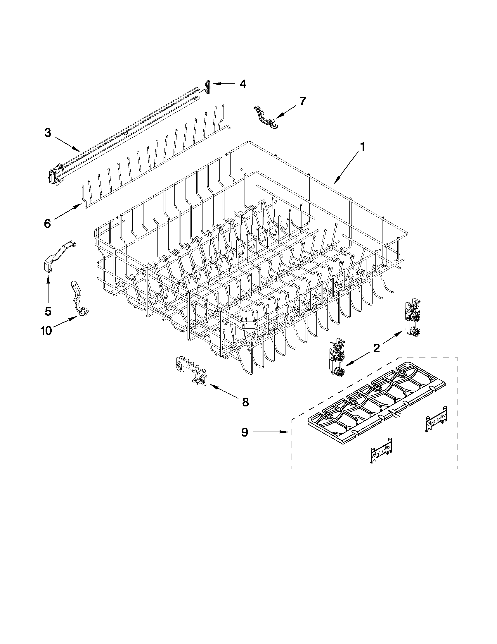 Whirlpool WDF730PAYM1 upper rack and track parts diagram