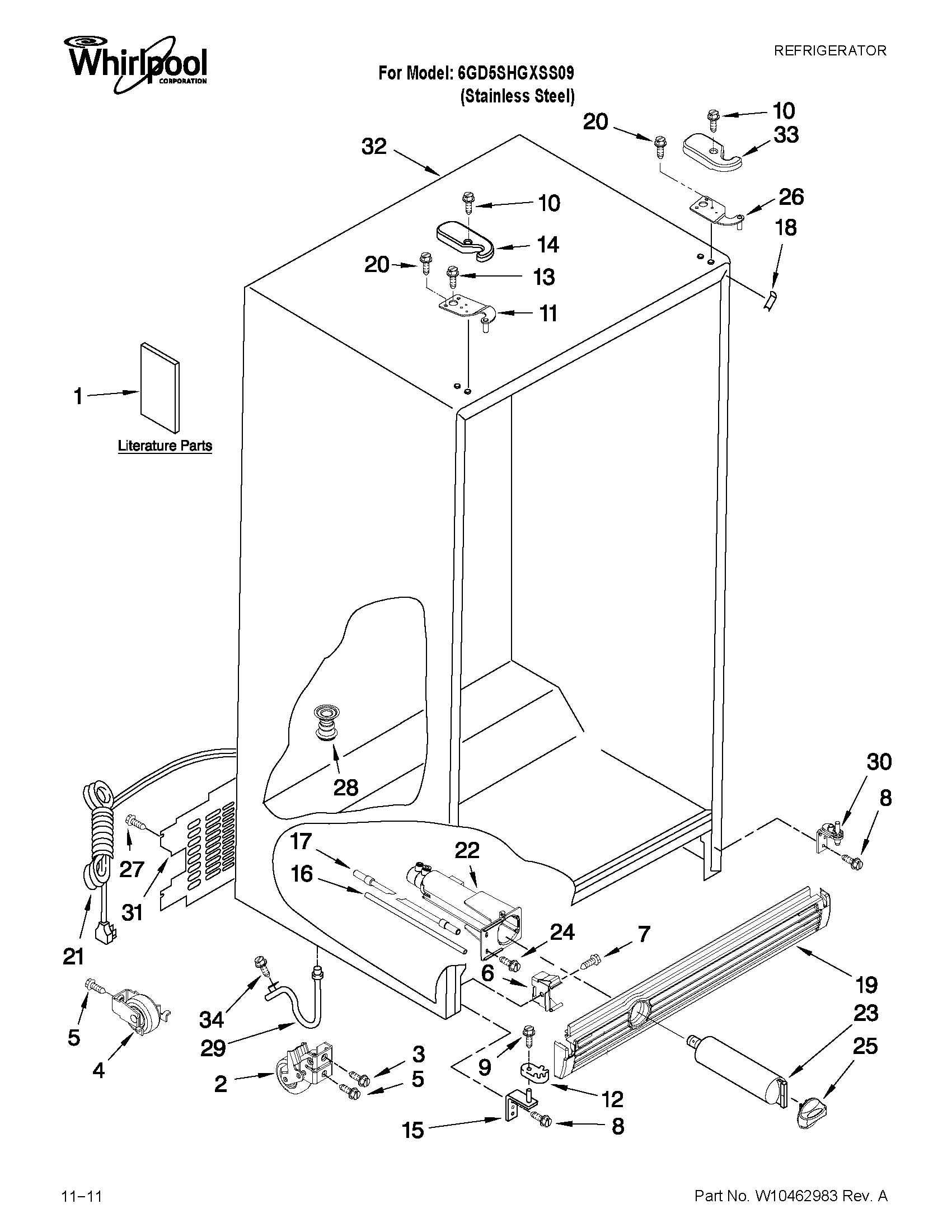 Whirlpool 6GD5SHGXSS09 cabinet parts diagram