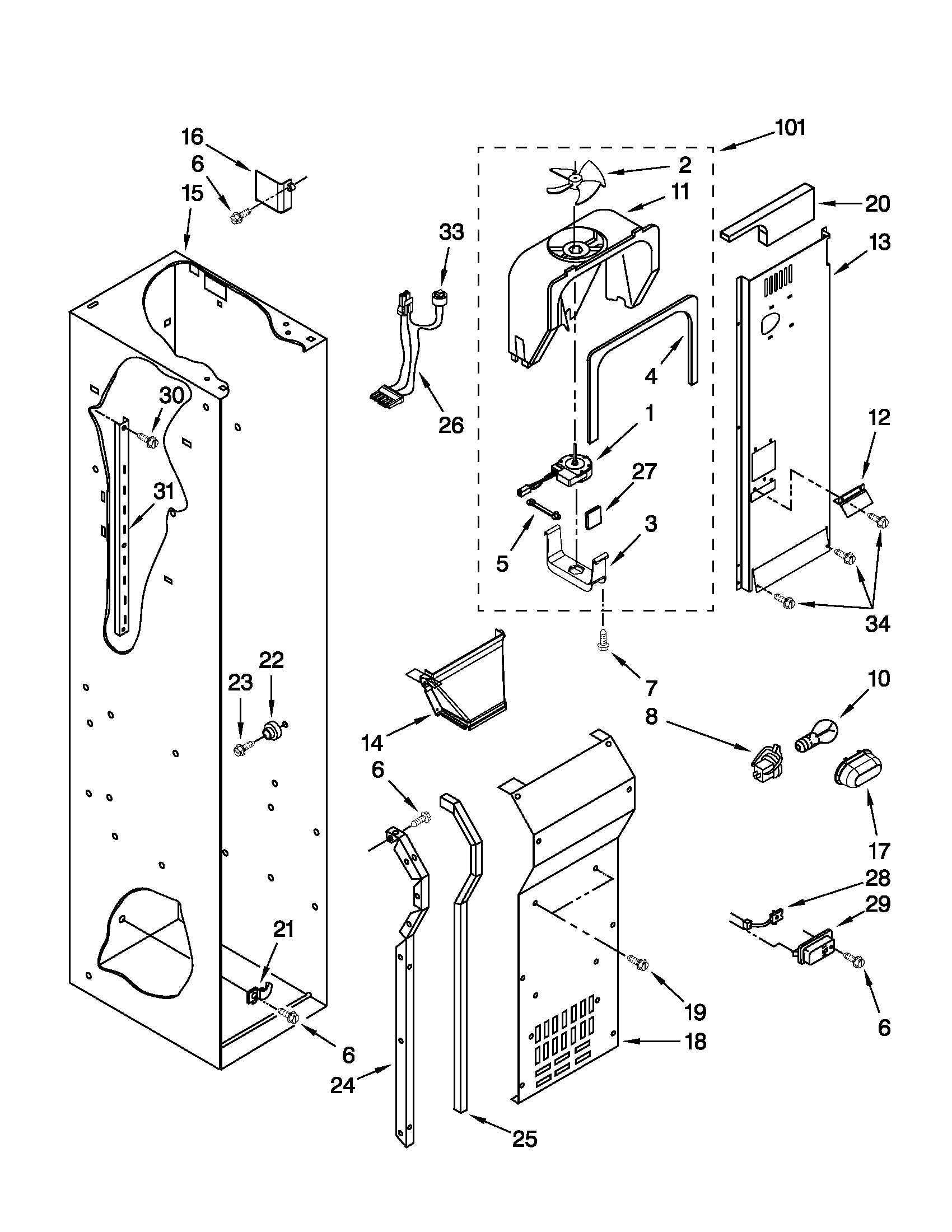 Jenn-Air JS48NXFXDW01 freezer liner and air flow parts diagram