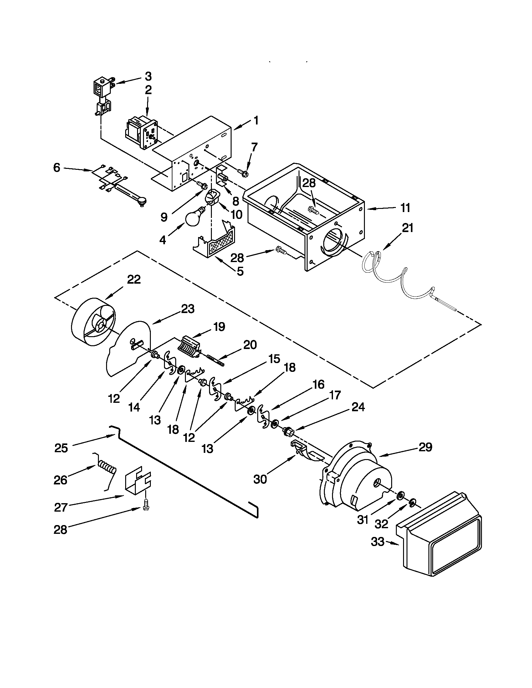 Whirlpool ED5FVGXWS08 motor and ice container parts diagram