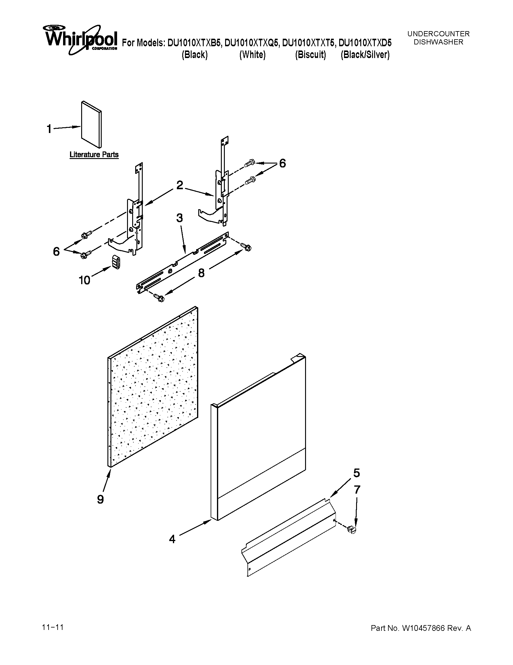 Whirlpool DU1010XTXD5 door and panel parts diagram