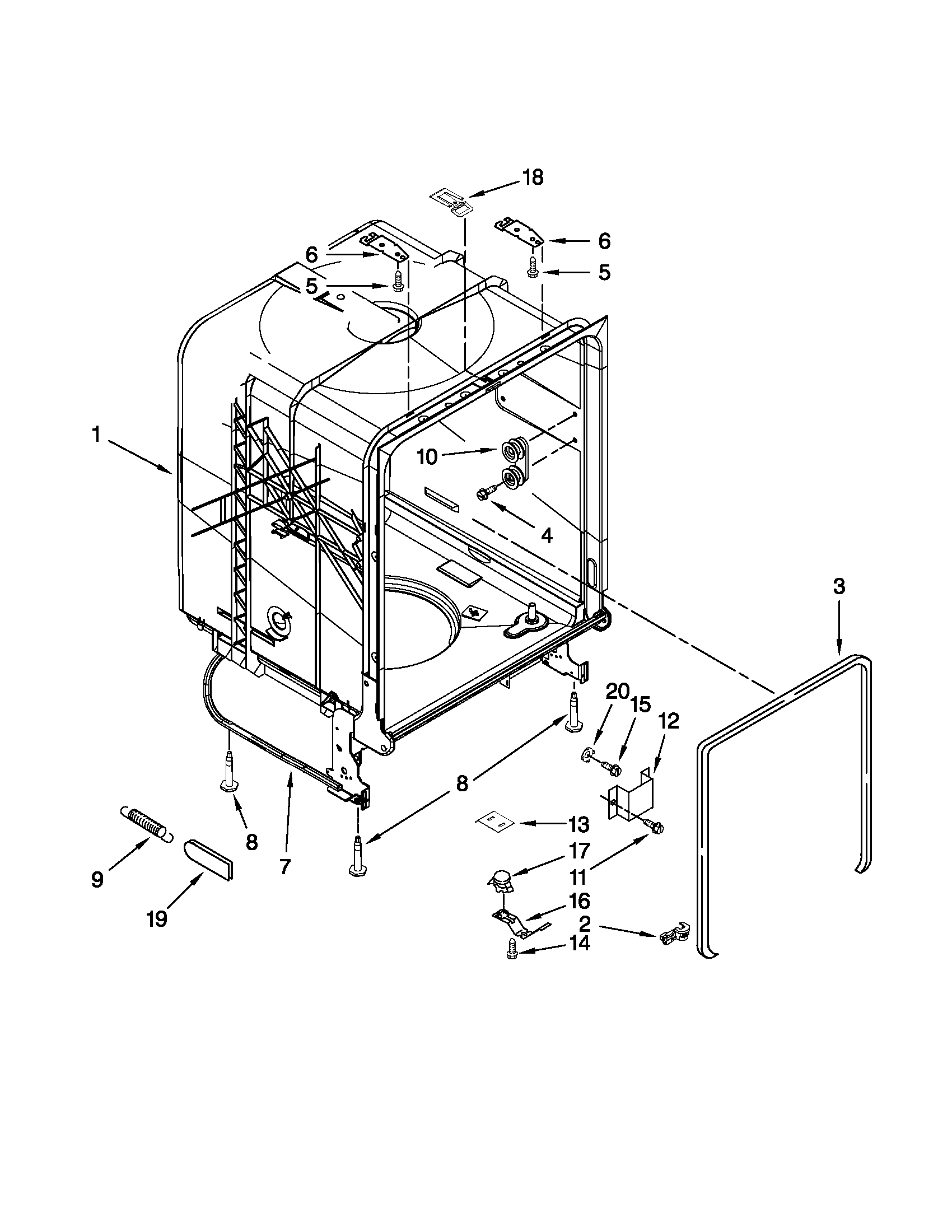 Whirlpool DU1010XTXD5 tub and frame parts diagram