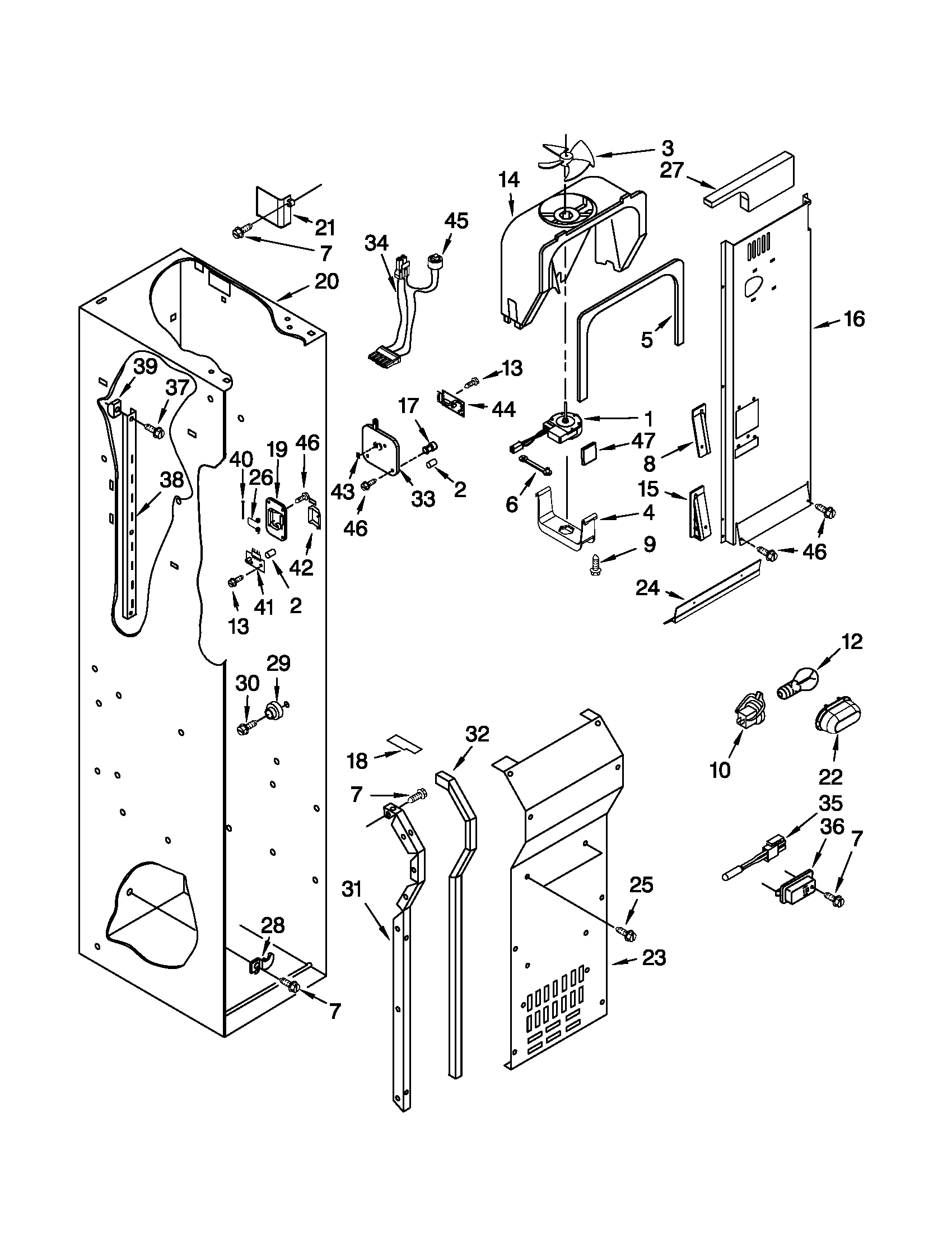 KitchenAid KSSS36QTX04 freezer liner and air flow parts diagram