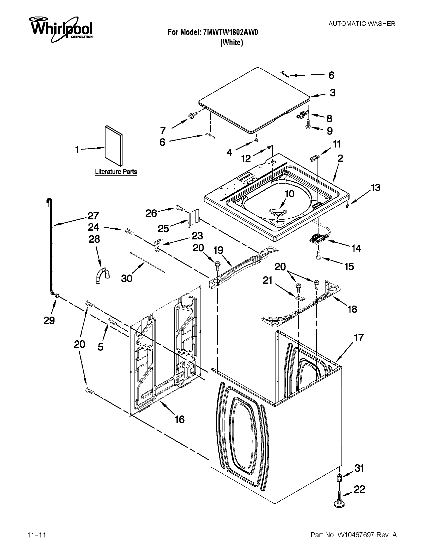 Whirlpool 7MWTW1602AW0 top and cabinet parts diagram