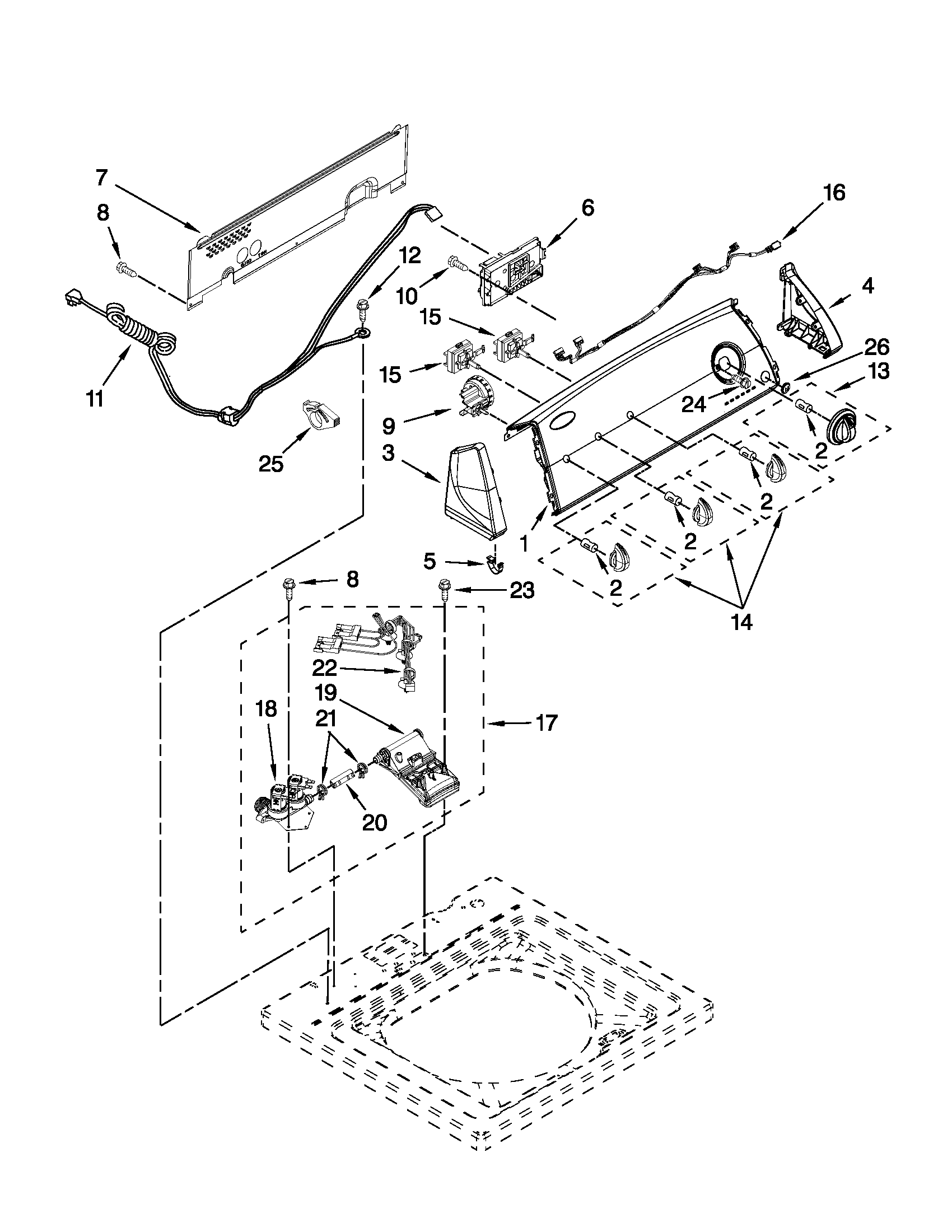 Whirlpool 7MWTW1602AW0 controls and water inlet parts diagram
