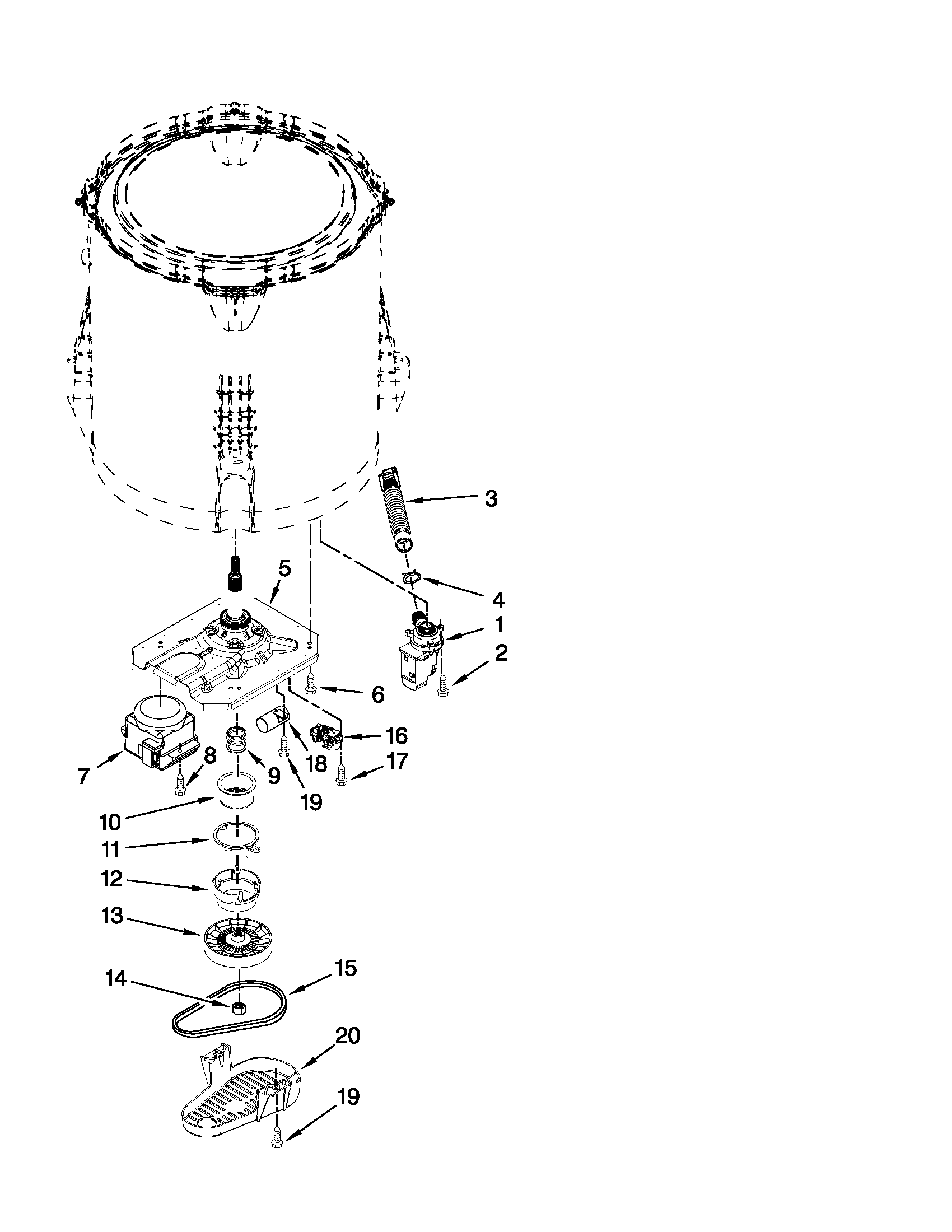 Whirlpool 7MWTW1602AW0 gearcase, motor and pump parts diagram
