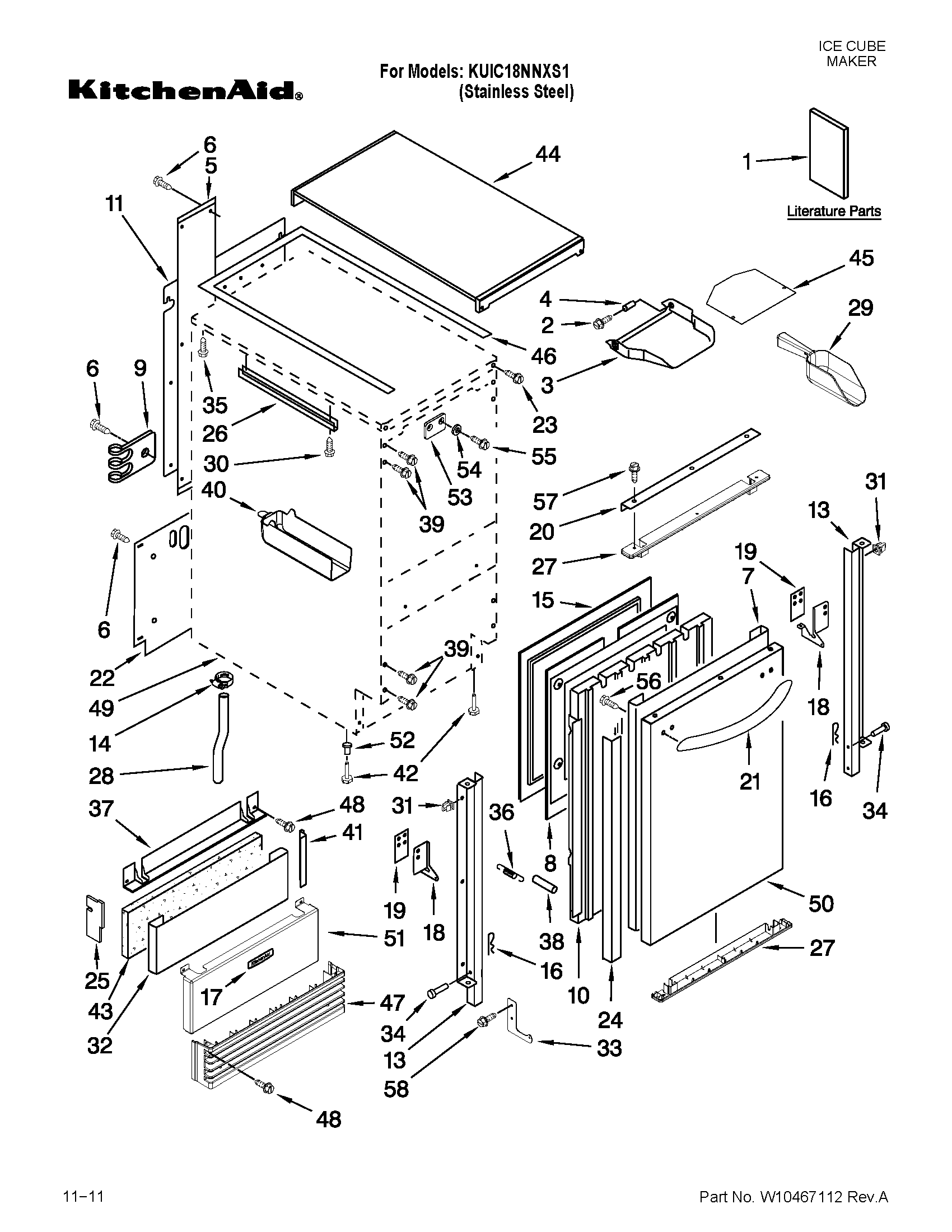 KitchenAid KUIC18NNXS1 cabinet liner and door parts diagram