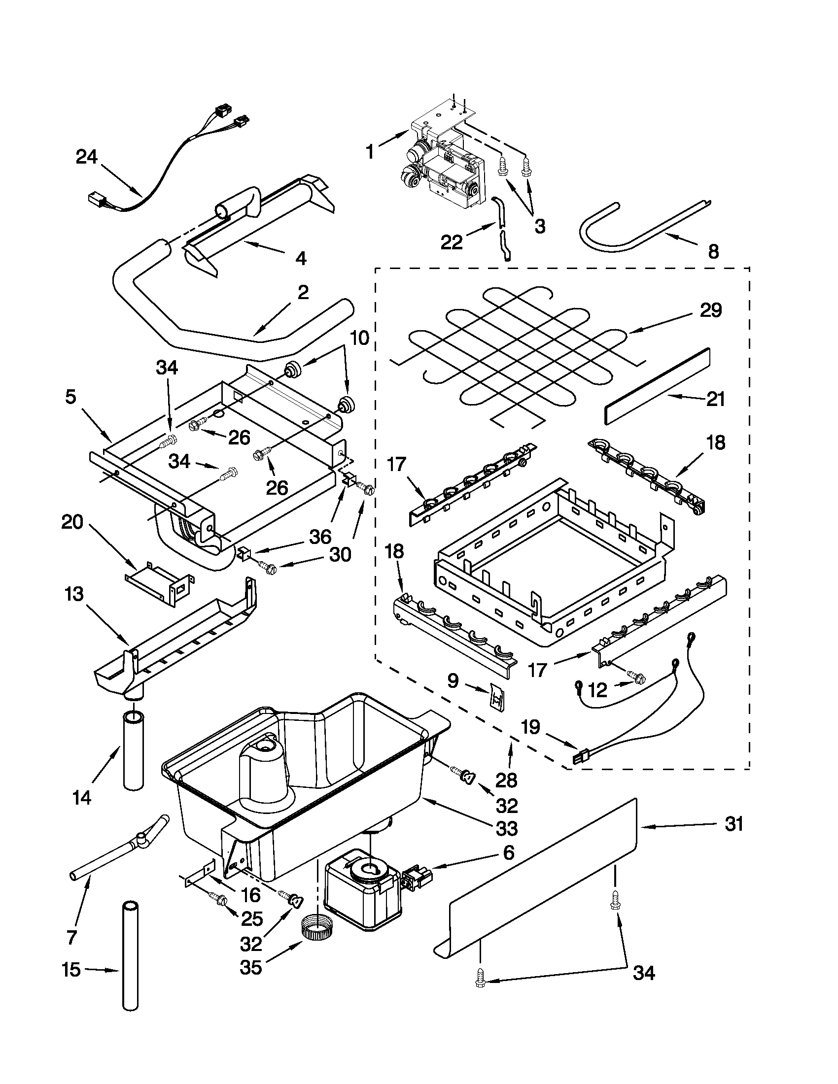 KitchenAid KUIC18PNXS2 evaporator, ice cutter grid and water parts diagram