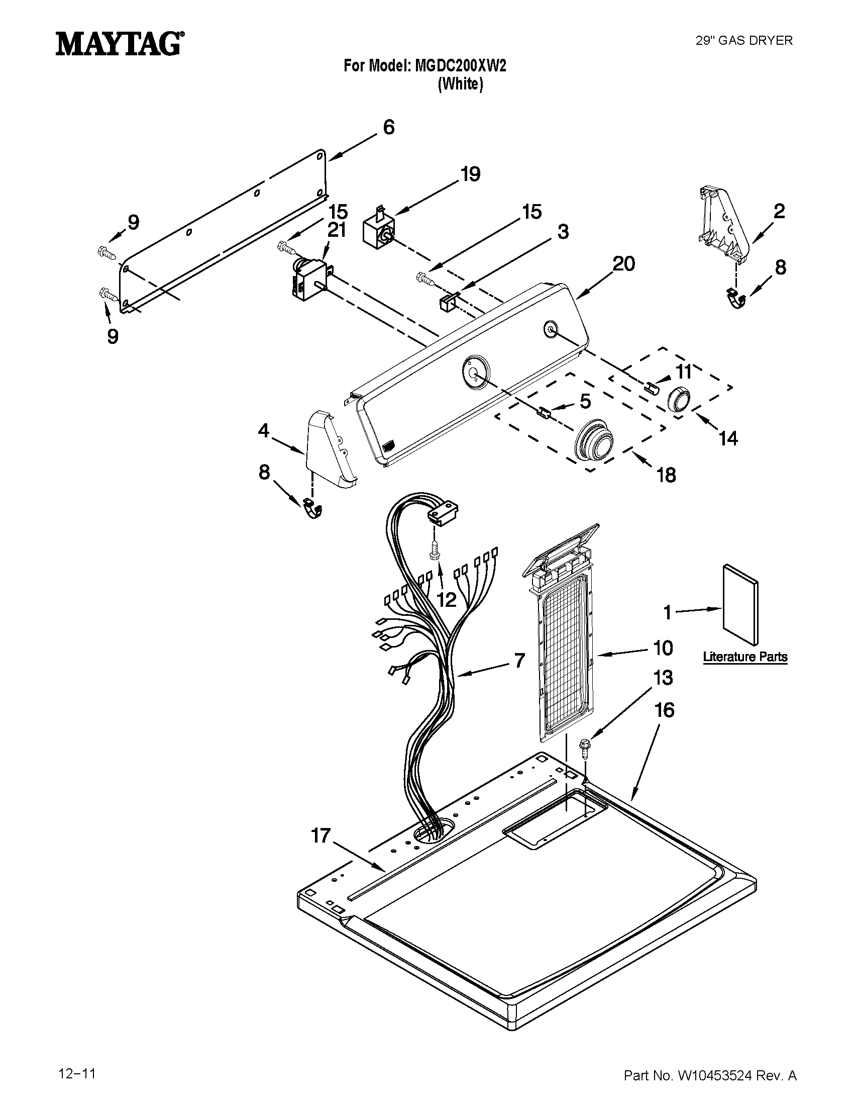 Maytag MGDC200XW2 top and console parts diagram