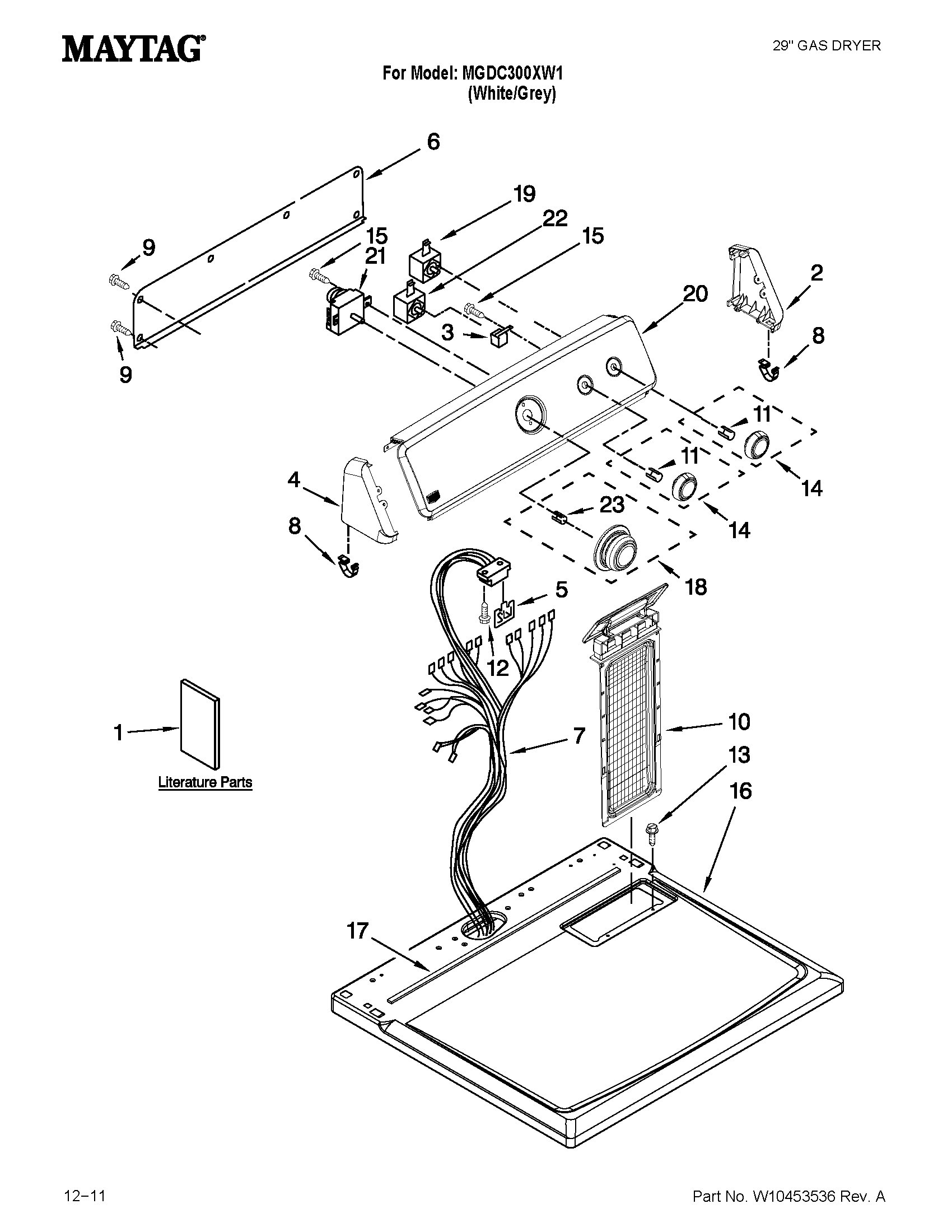 Maytag MGDC300XW1 top and console parts diagram