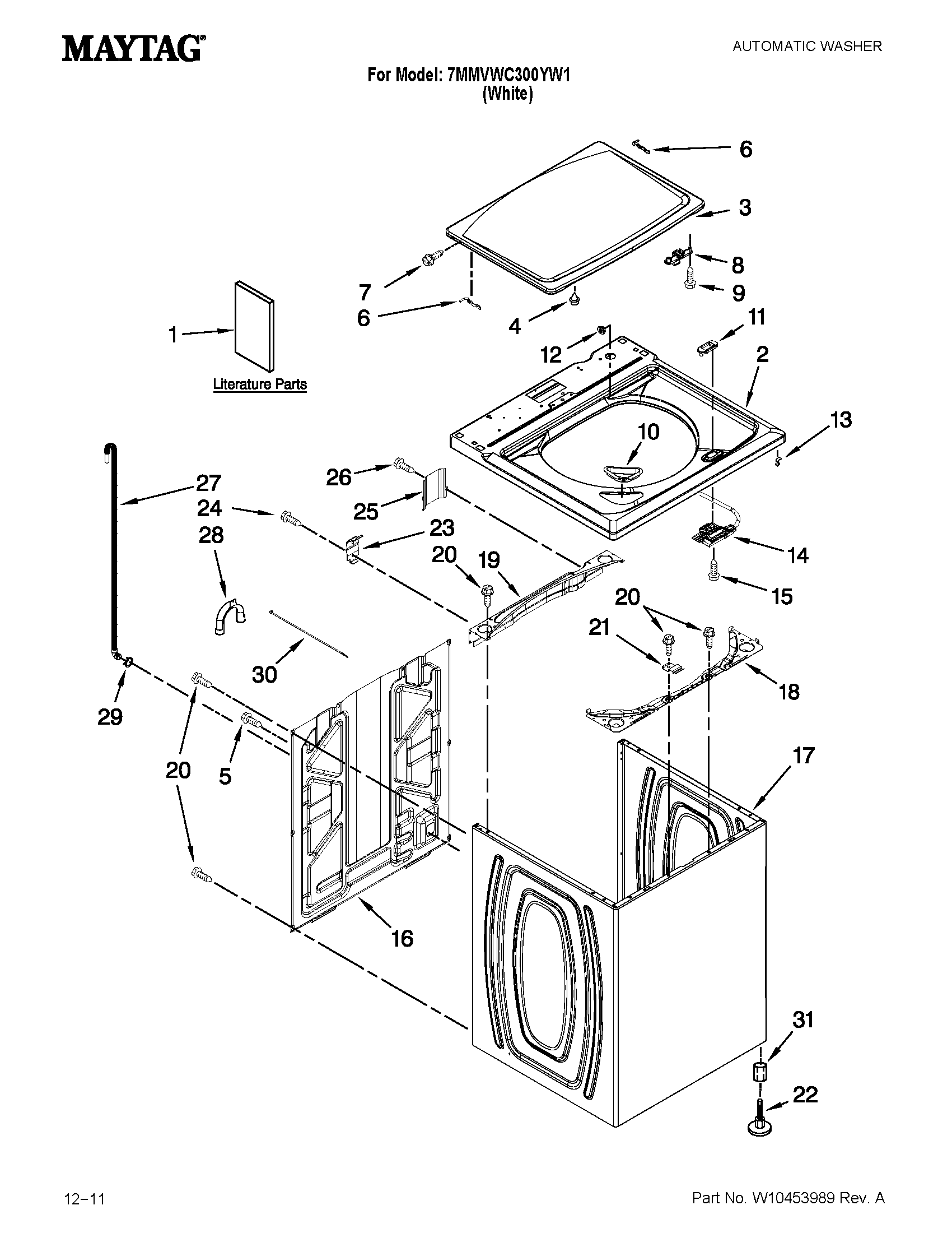 Maytag 7MMVWC300YW1 top and cabinet parts diagram