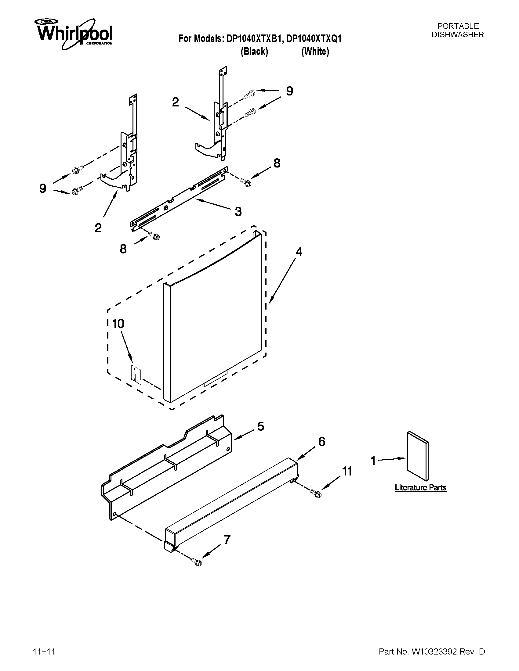 Whirlpool DP1040XTXQ1 door and panel parts diagram