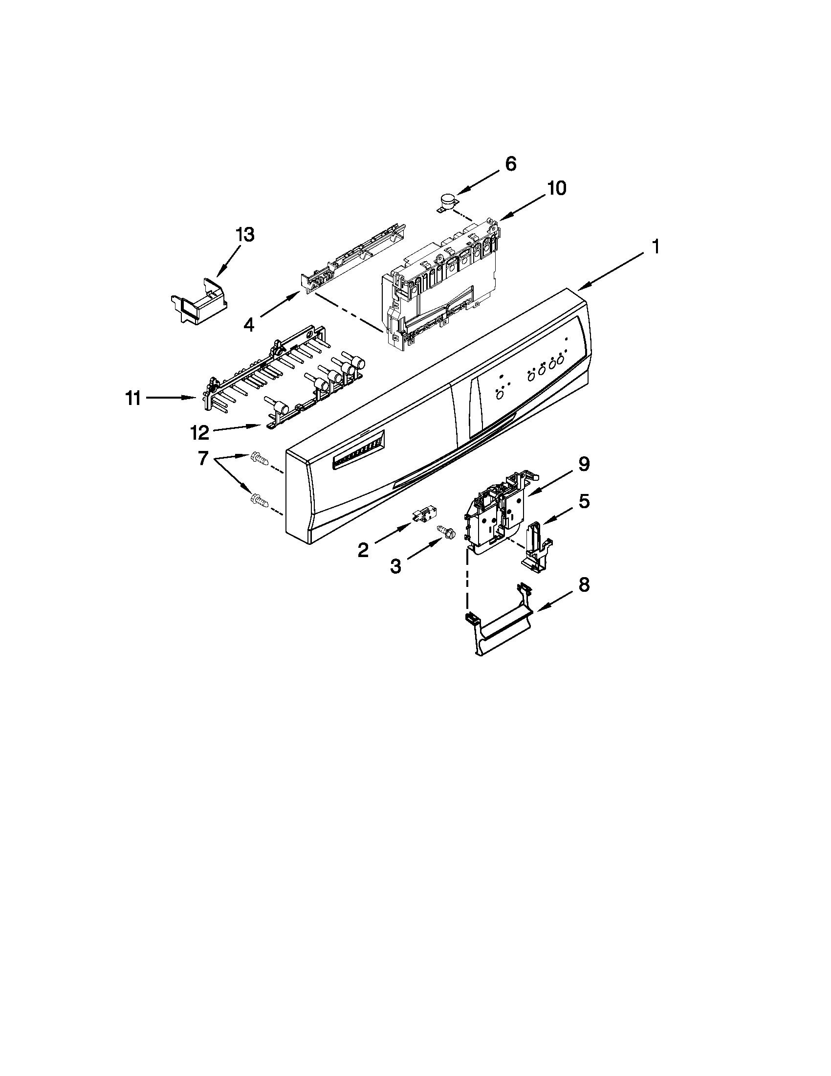 Whirlpool DP1040XTXQ1 control panel and latch parts diagram