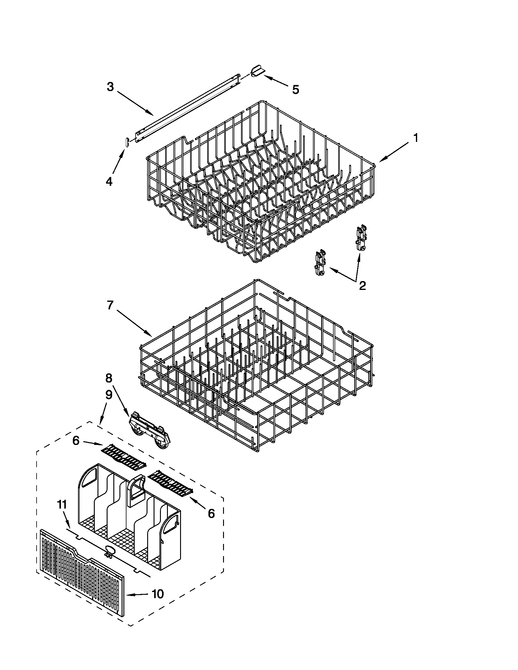 Whirlpool DP1040XTXQ1 upper and lower rack and track parts diagram