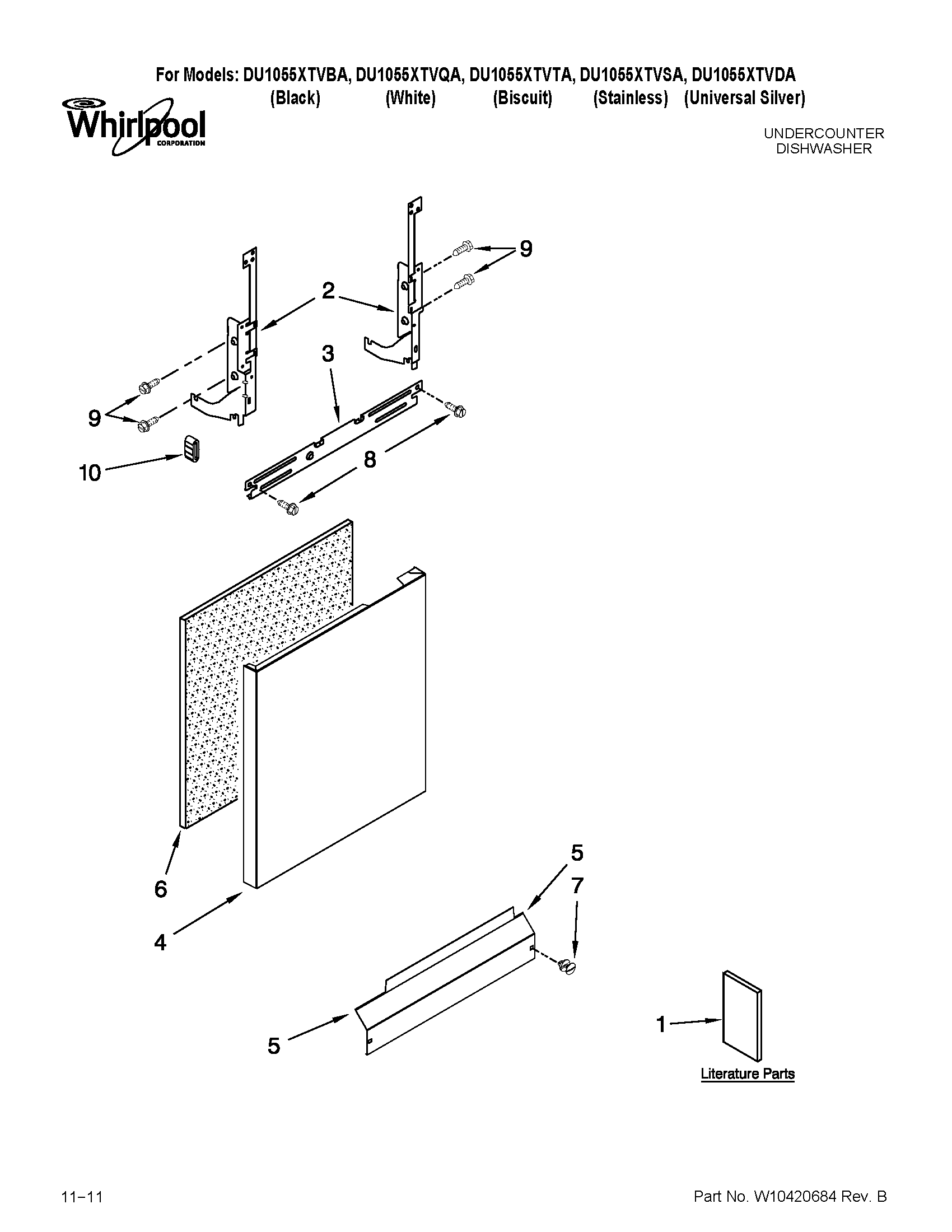 Whirlpool DU1055XTVSA door and panel parts diagram