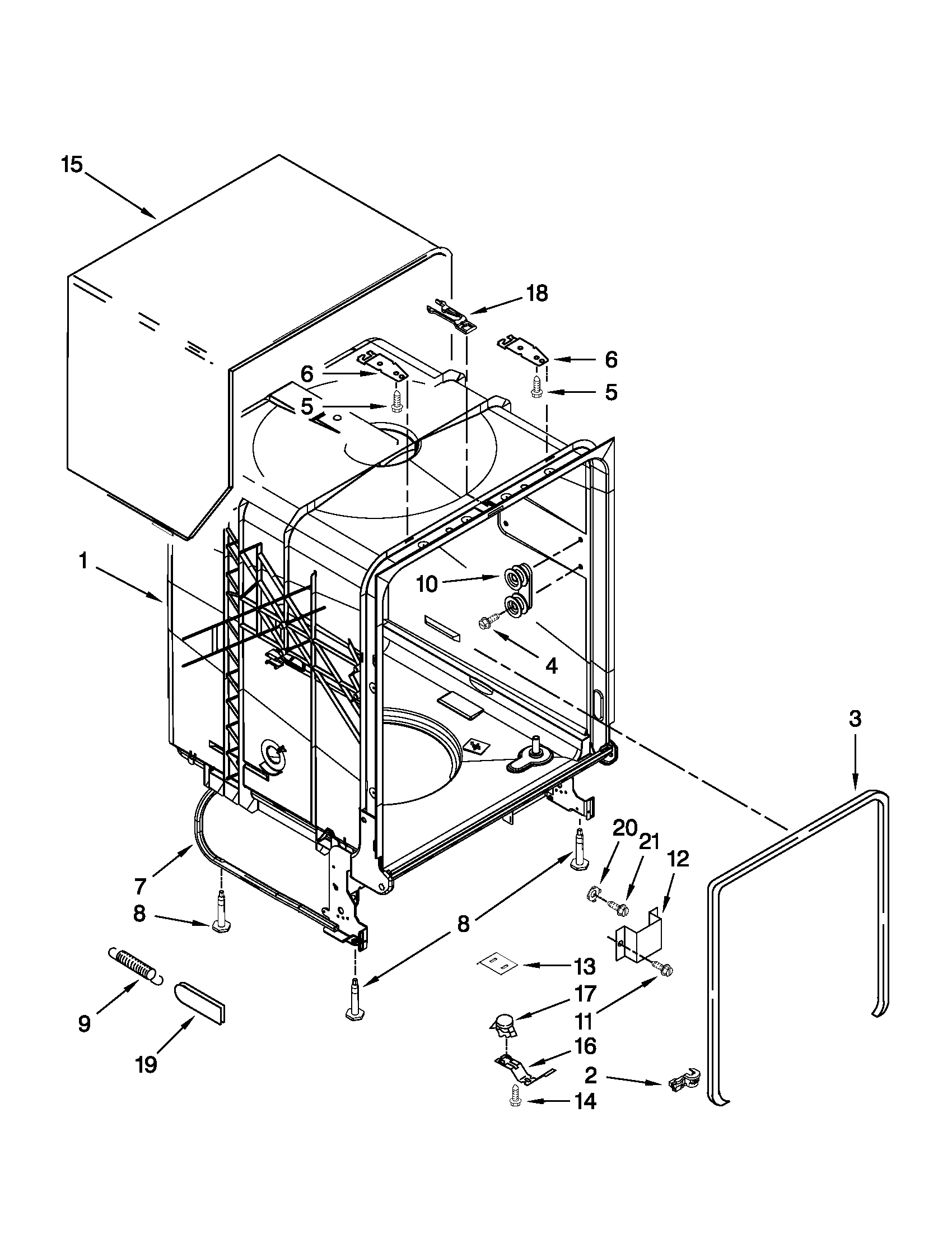 Whirlpool DU1055XTVSA tub and frame parts diagram