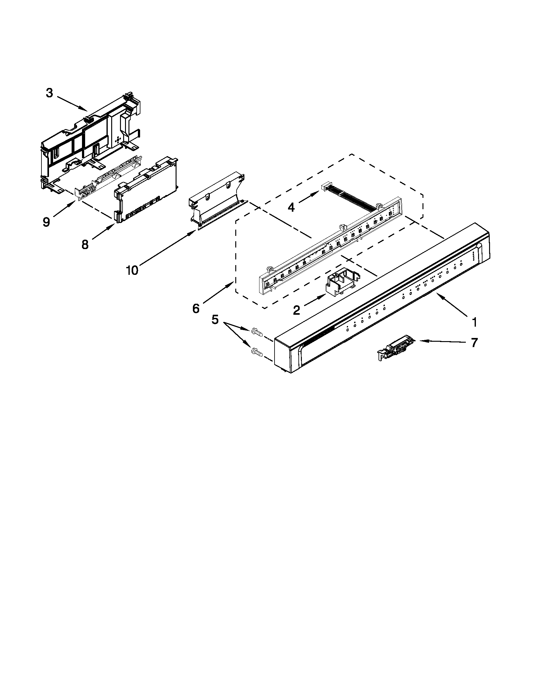 Whirlpool WDF530PAYT0 control panel and latch parts diagram