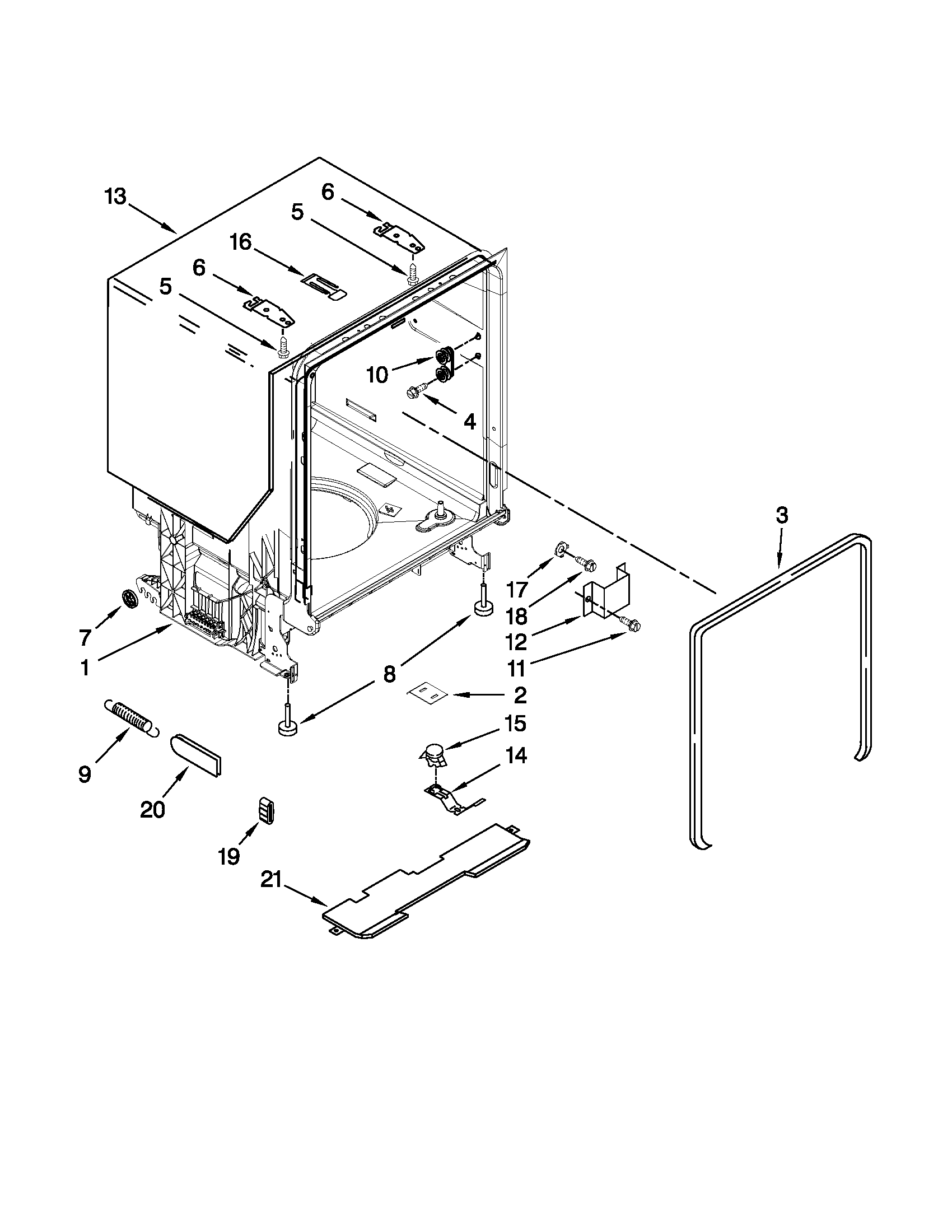 Whirlpool WDF530PAYT0 tub and frame parts diagram