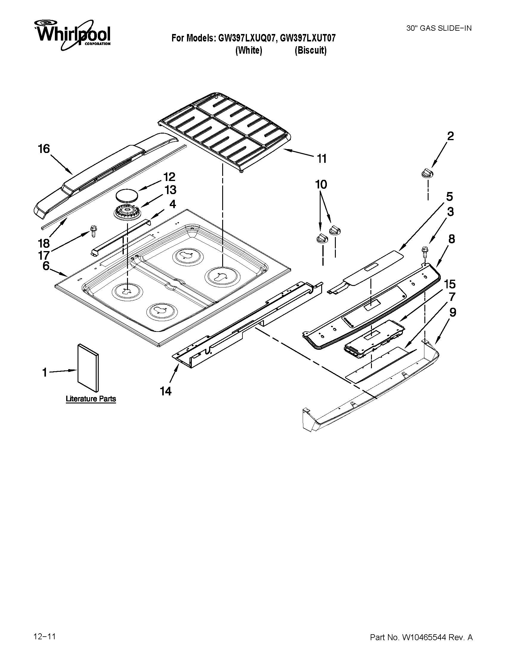 Whirlpool GW397LXUT07 cooktop parts diagram