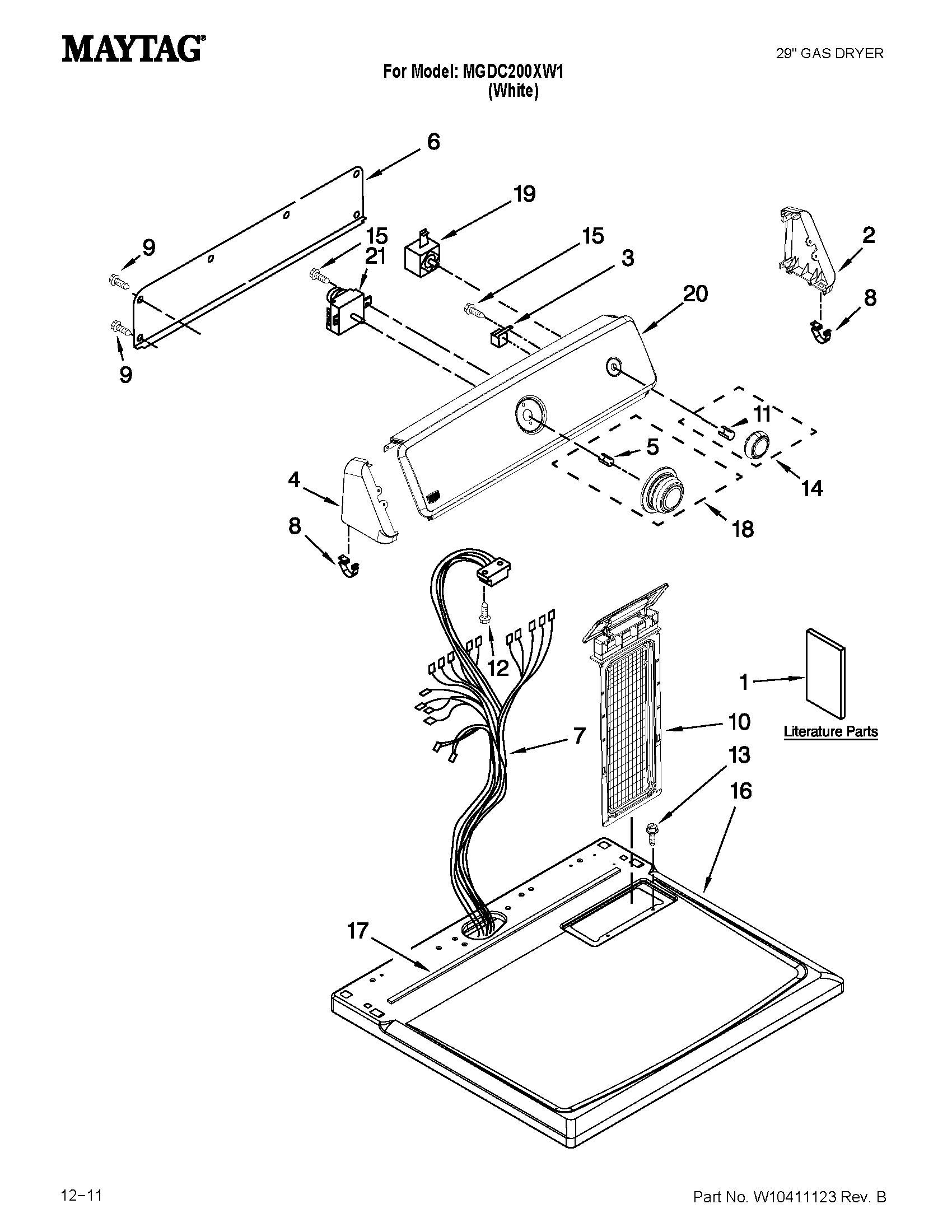 Maytag MGDC200XW1 top and console parts diagram