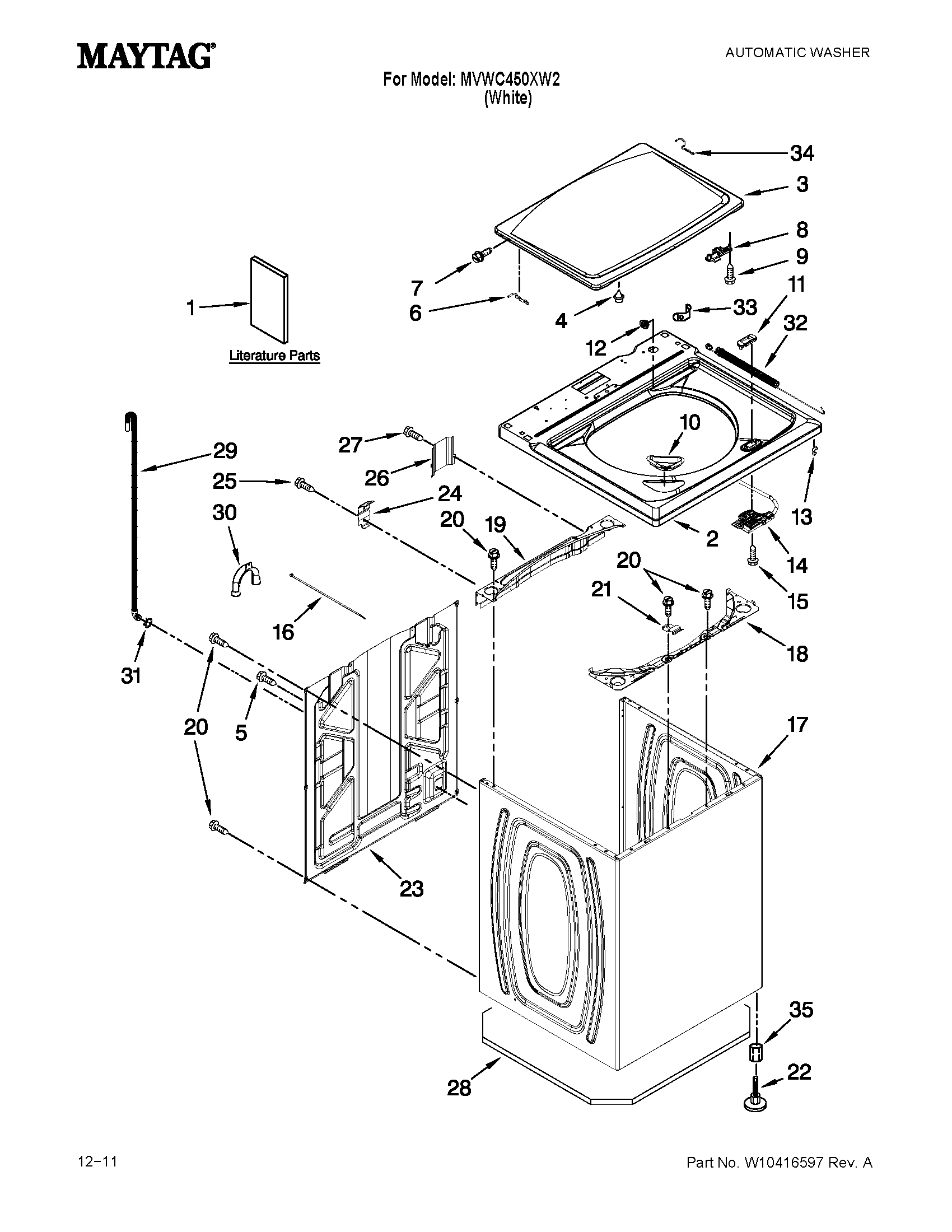 Maytag MVWC450XW2 top and cabinet parts diagram