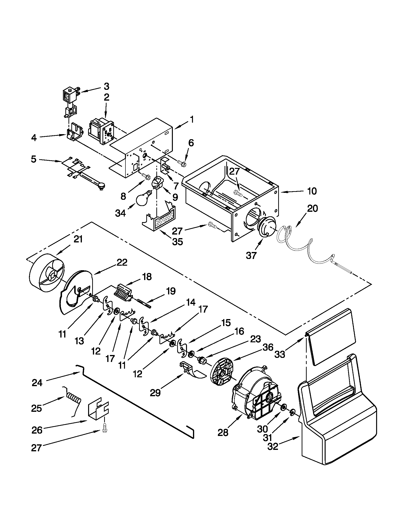 Whirlpool WSF26D2EXB01 motor and ice container parts diagram